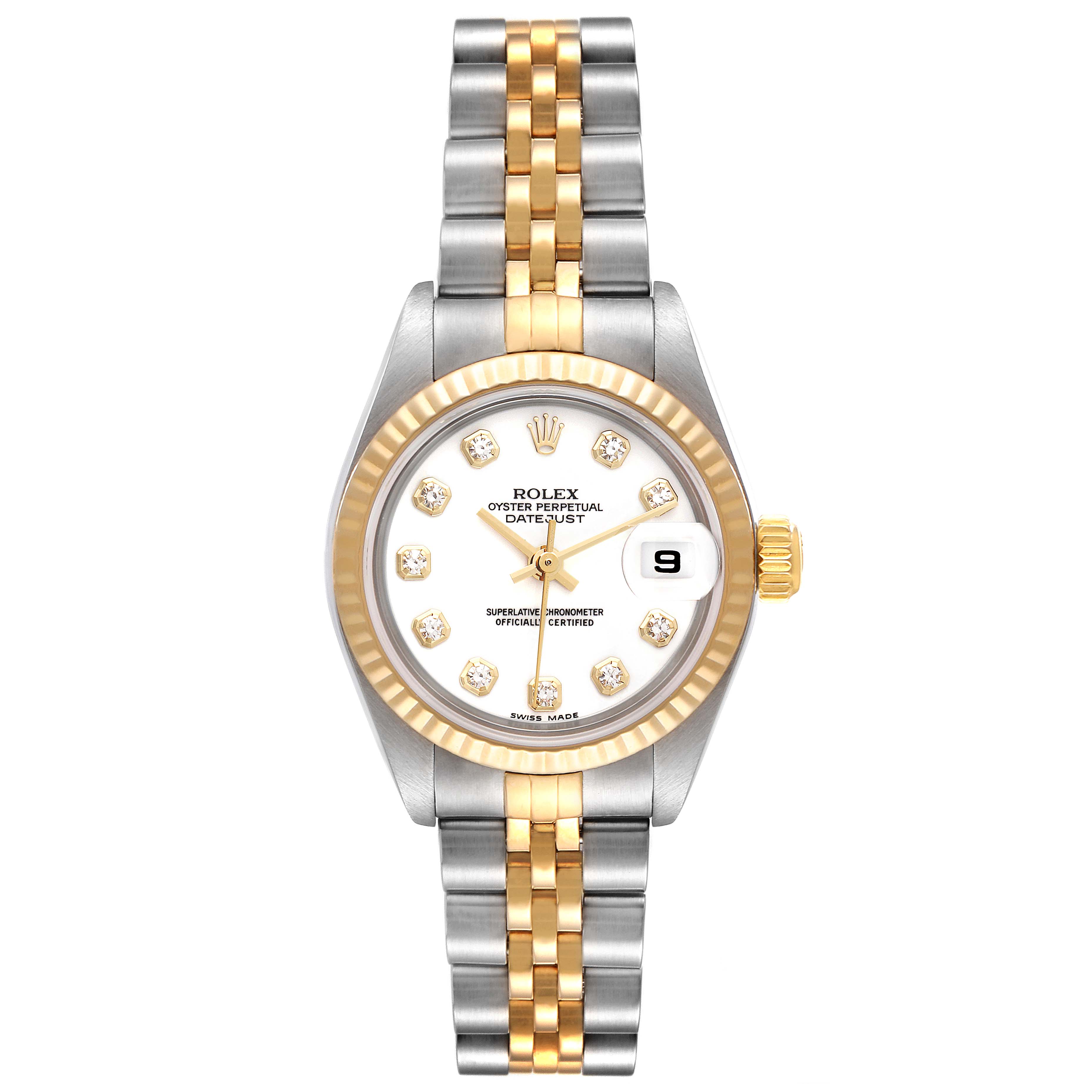 This is a front view of a Rolex Datejust 69173 Women's Steel and Gold (two tone) White Dial 69173 Women's Steel and Gold (two tone) White Dial watch, displaying the dial, bezel, crown, and two-tone bracelet.