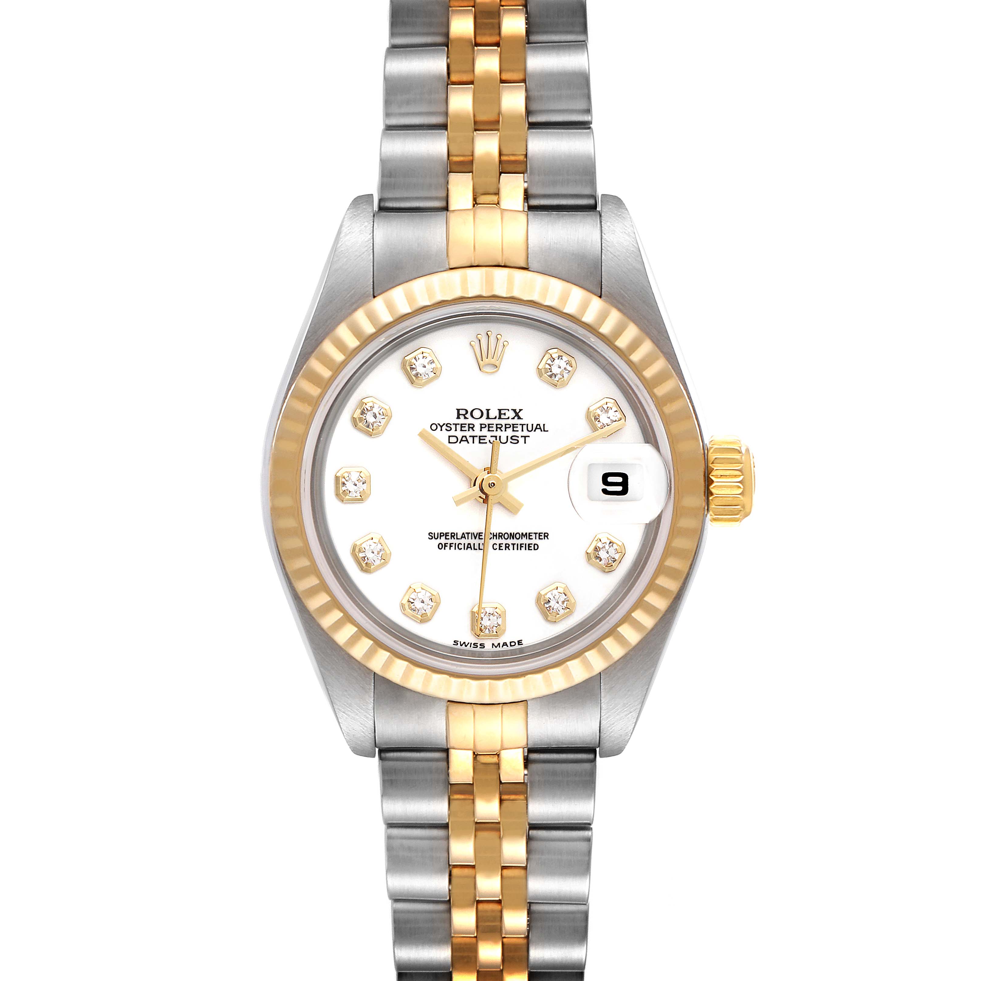 This image shows a front view of a Rolex Datejust 69173 Women's Steel and Gold (two tone) White Dial 69173 Women's Steel and Gold (two tone) White Dial watch, highlighting its white dial, gold markers, and two-tone bracelet.