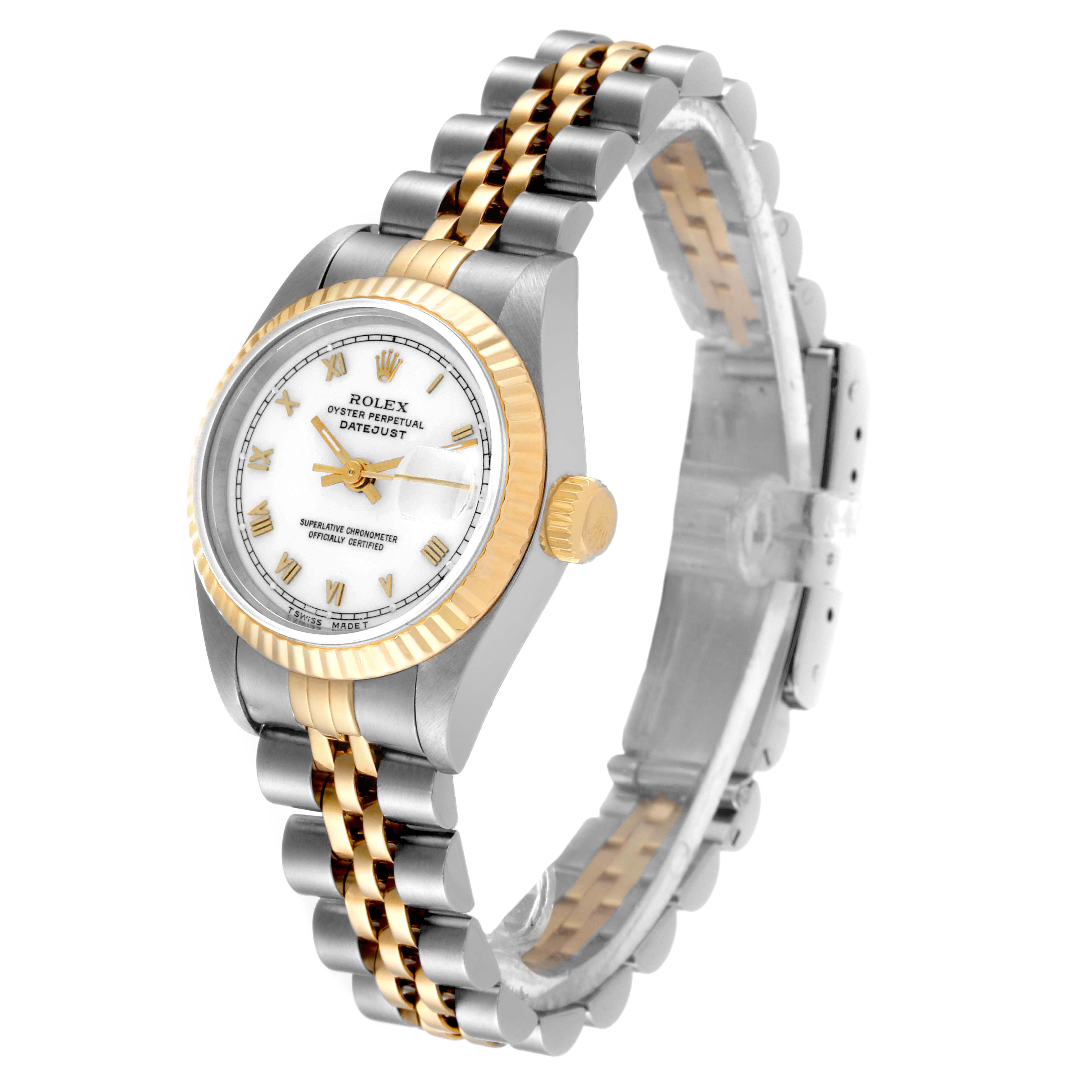 The image shows a side view of a Rolex Datejust 69173 Women's Steel and Gold (two tone) White Dial 69173 Women's Steel and Gold (two tone) White Dial watch, highlighting the face, bezel, and two-tone bracelet.