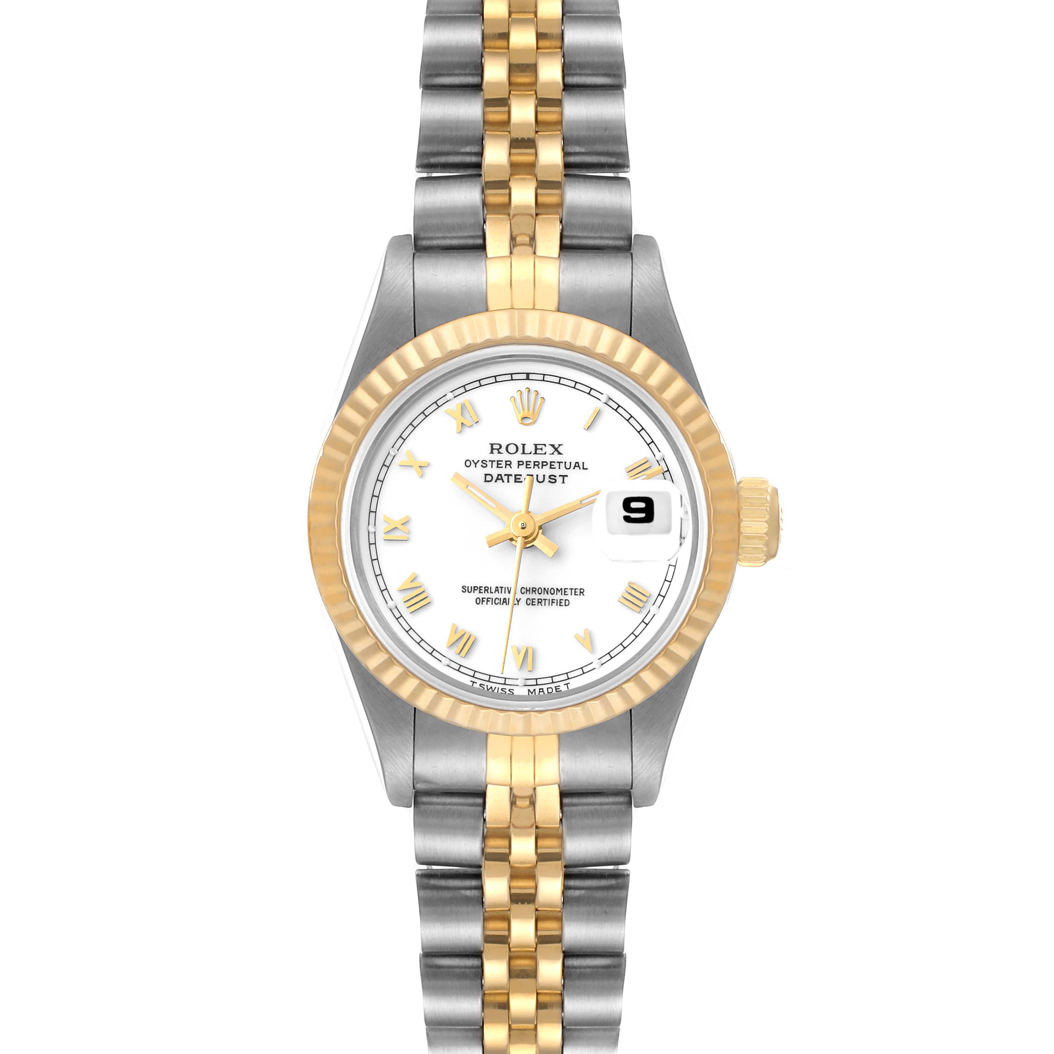 The image shows a front view of the Rolex Datejust 69173 Women's Steel and Gold (two tone) White Dial 69173 Women's Steel and Gold (two tone) White Dial watch, featuring a two-tone bracelet and fluted bezel.