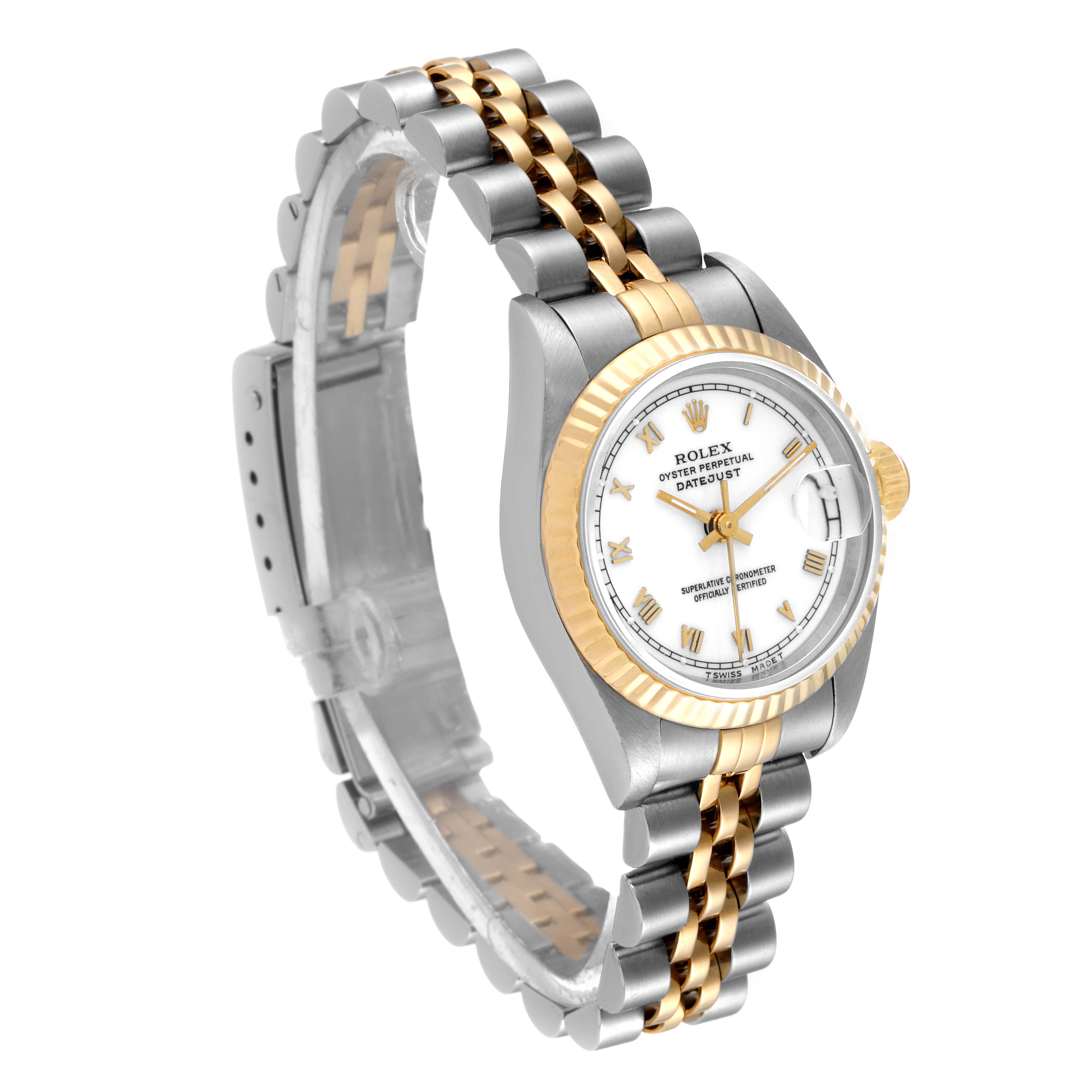 The Rolex Datejust 69173 Women's Steel and Gold (two tone) White Dial 69173 Women's Steel and Gold (two tone) White Dial watch is shown at a front angle, highlighting its bezel, dial, bracelet, and crown.