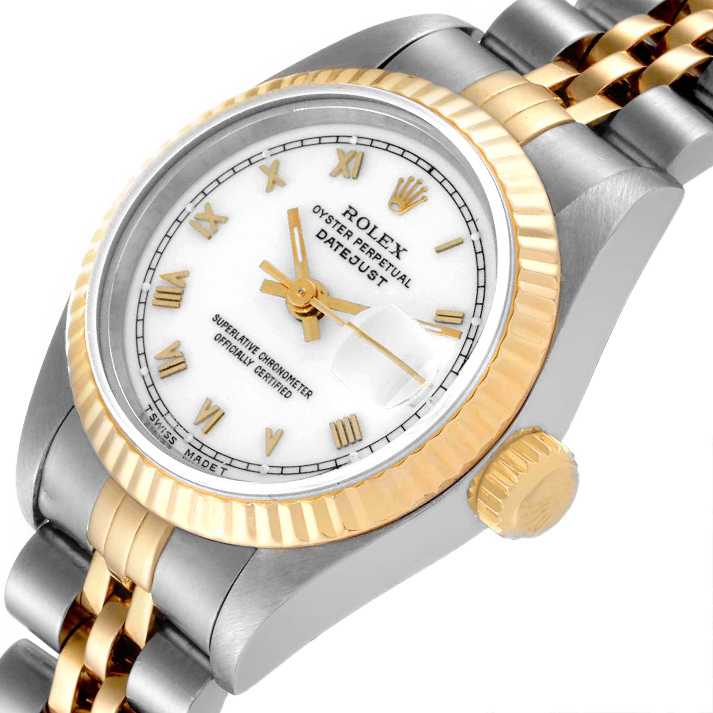 This image shows a Rolex Datejust 69173 Women's Steel and Gold (two tone) White Dial 69173 Women's Steel and Gold (two tone) White Dial watch featuring the dial, bezel, crown, and part of the bracelet at an angled view.