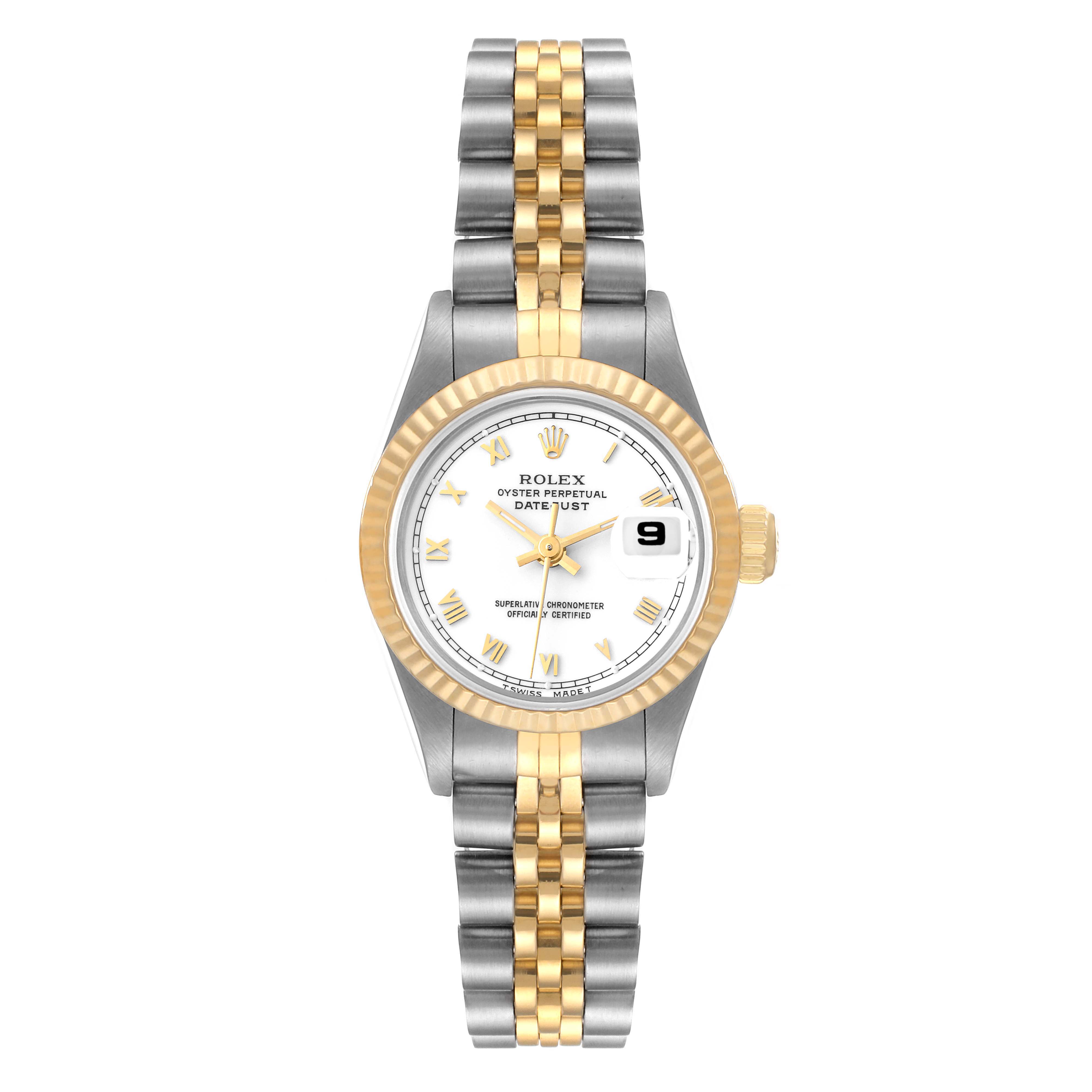 The image shows a front view of a Rolex Datejust 69173 Women's Steel and Gold (two tone) White Dial 69173 Women's Steel and Gold (two tone) White Dial watch, showcasing the face, bezel, and two-tone bracelet.