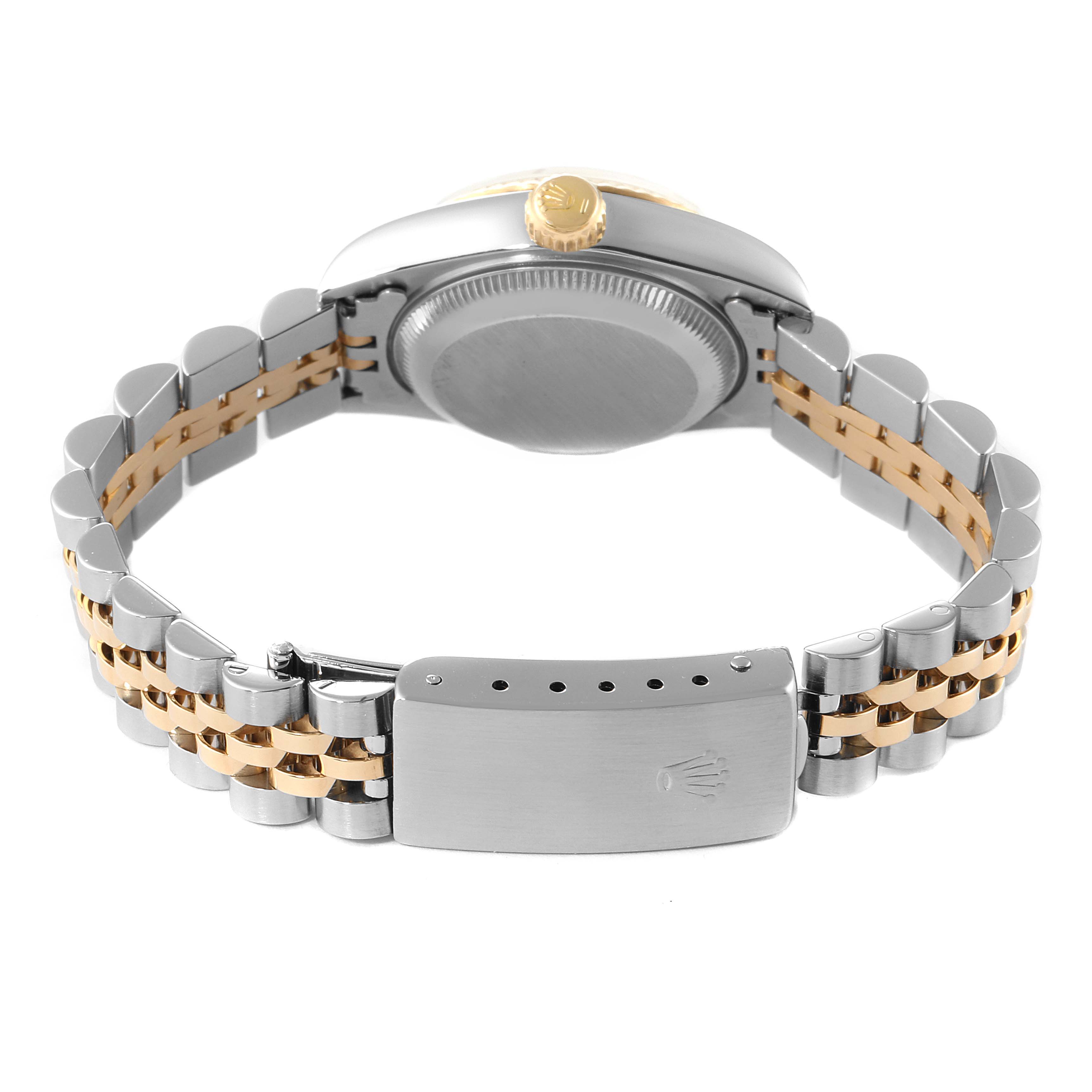 The image shows the back view of a Rolex Datejust 69173 Women's Steel and Gold (two tone) White Dial 69173 Women's Steel and Gold (two tone) White Dial watch, highlighting its two-tone bracelet, closed clasp, and case back.