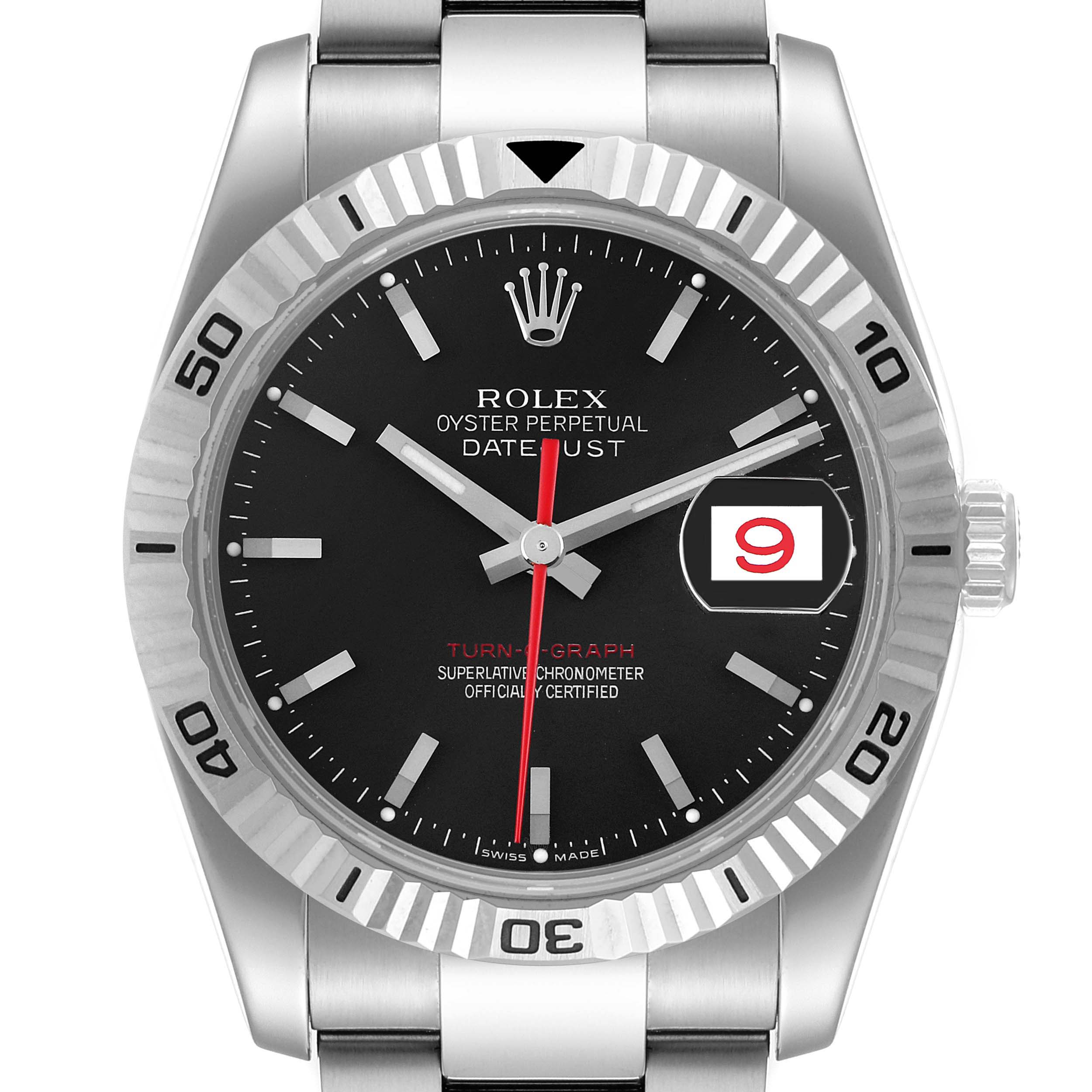 The image shows a frontal view of the Rolex Turn-o-Graph 116264 Men's Stainless Steel Black Dial 116264 Men's Stainless Steel Black Dial watch, including the dial, bezel, and part of the bracelet.