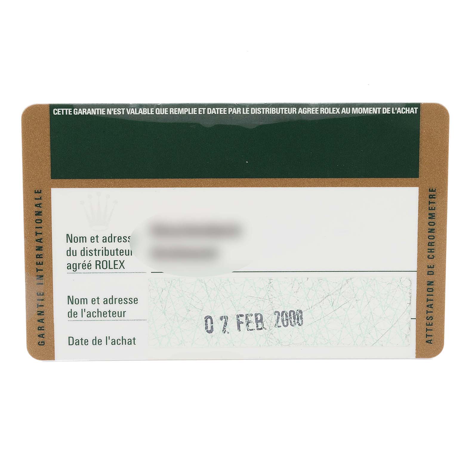 The image shows the front side of the warranty card for the Rolex Turn-o-Graph 116264 Men's Stainless Steel Black Dial 116264 Men's Stainless Steel Black Dial model.