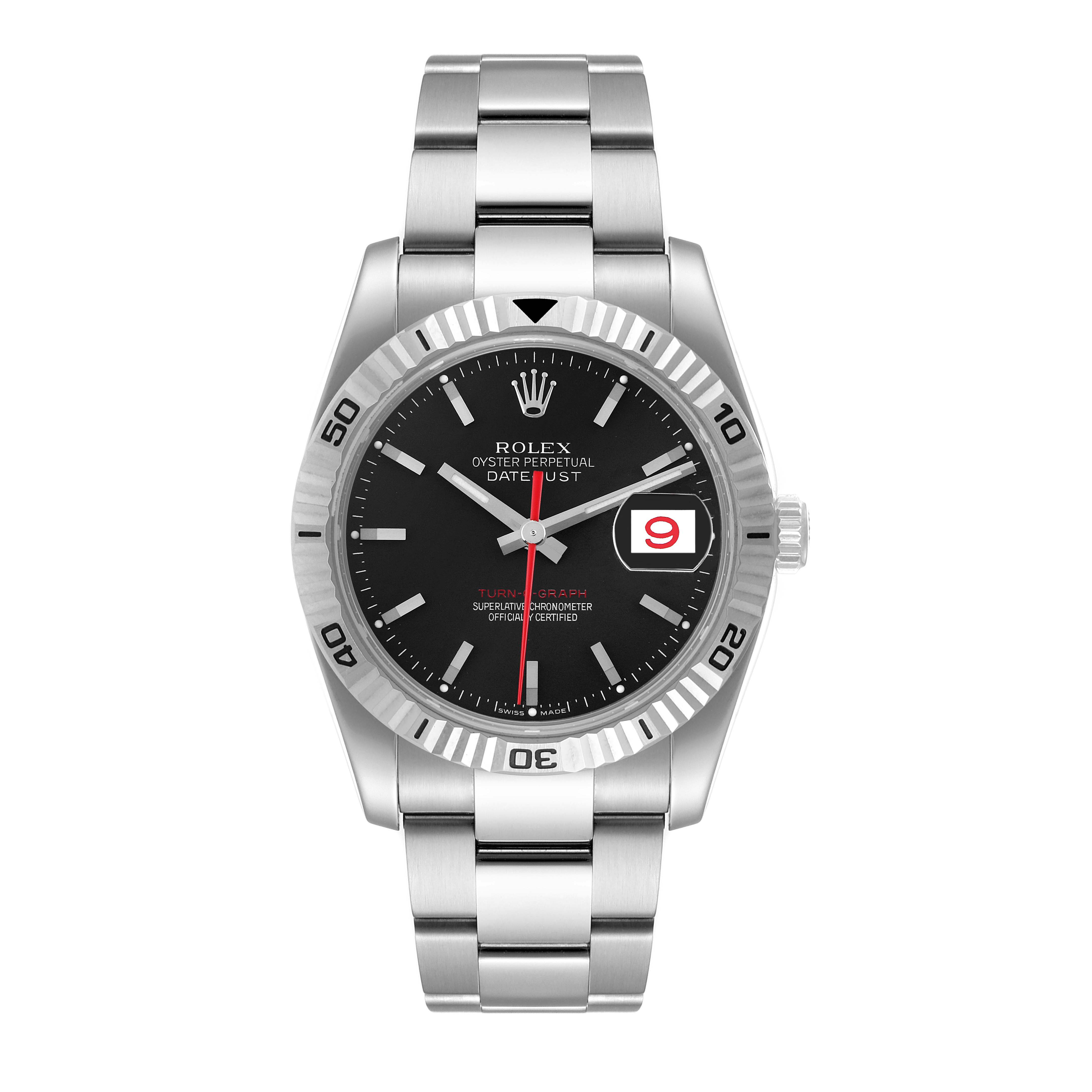 The image shows a front view of a Rolex Turn-o-Graph 116264 Men's Stainless Steel Black Dial 116264 Men's Stainless Steel Black Dial watch, highlighting its dial, bezel, crown, and bracelet.