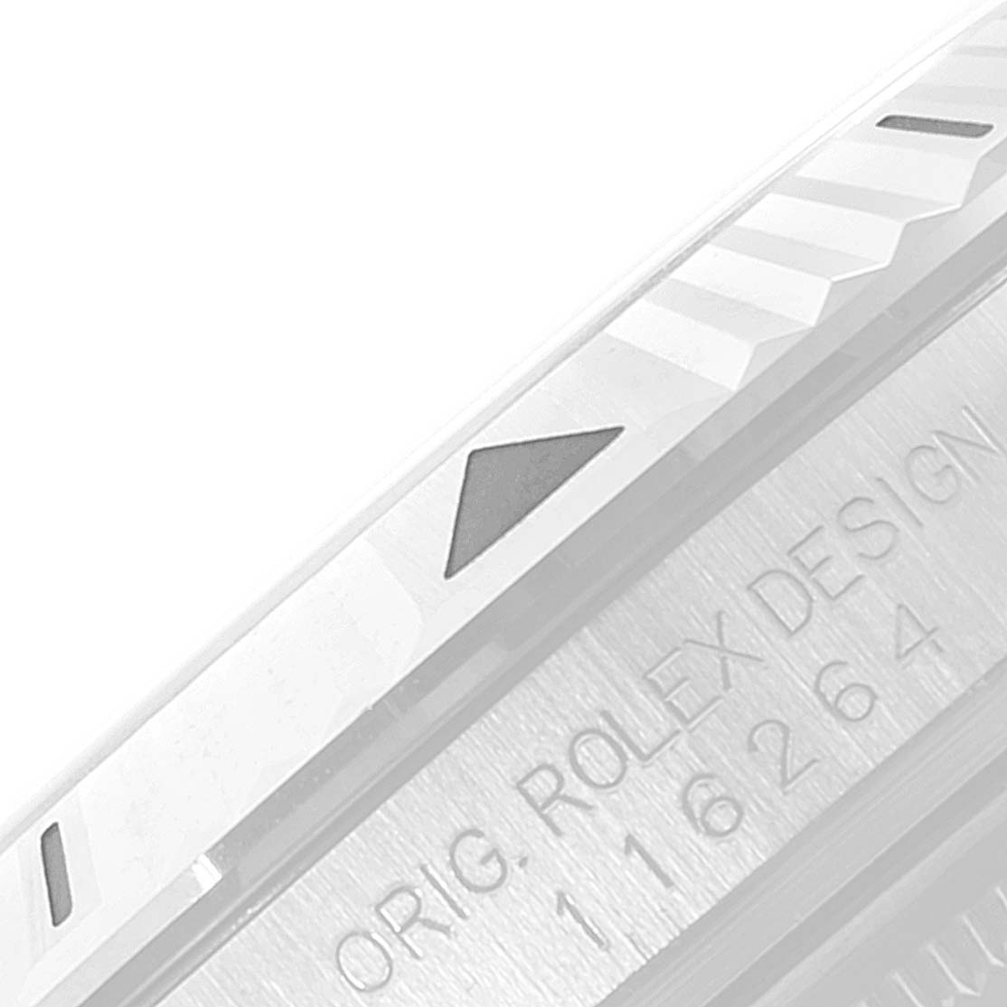 The image shows a close-up angle of the bezel and case side of a Rolex Turn-o-Graph 116264 Men's Stainless Steel Black Dial 116264 Men's Stainless Steel Black Dial watch, featuring an engraved design and text.