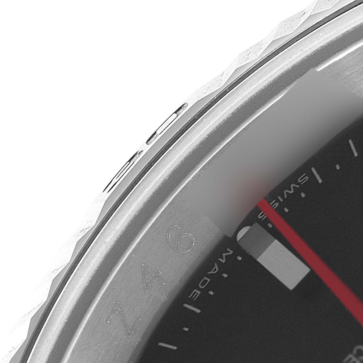 This image shows a close-up of the bezel, case edge, and part of the dial of the Rolex Turn-o-Graph 116264 Men's Stainless Steel Black Dial 116264 Men's Stainless Steel Black Dial watch.