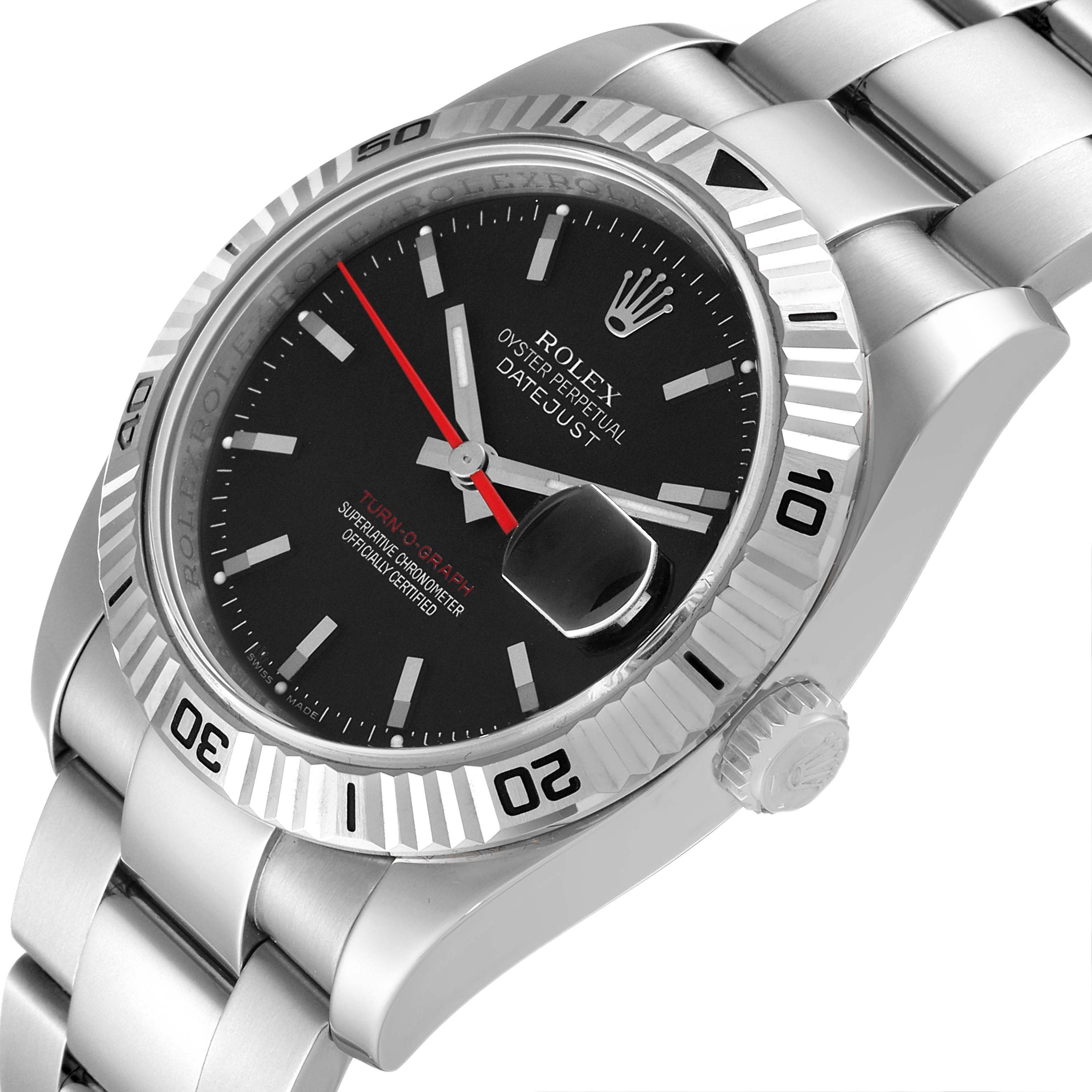 The image shows a close-up angled view of a Rolex Turn-o-Graph 116264 Men's Stainless Steel Black Dial 116264 Men's Stainless Steel Black Dial watch, highlighting its bezel, dial, hands, bracelet, and crown.