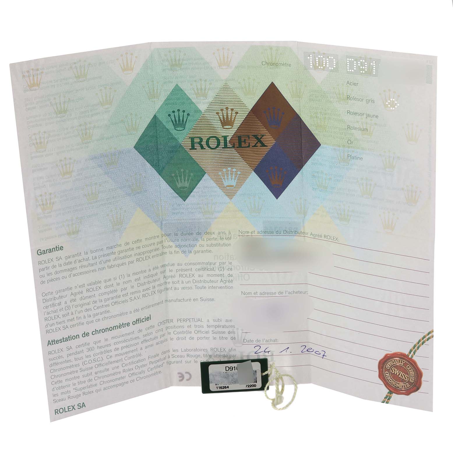 The image shows the warranty certificate and the tag for a Rolex Turn-o-Graph 116264 Men's Stainless Steel Black Dial 116264 Men's Stainless Steel Black Dial model.