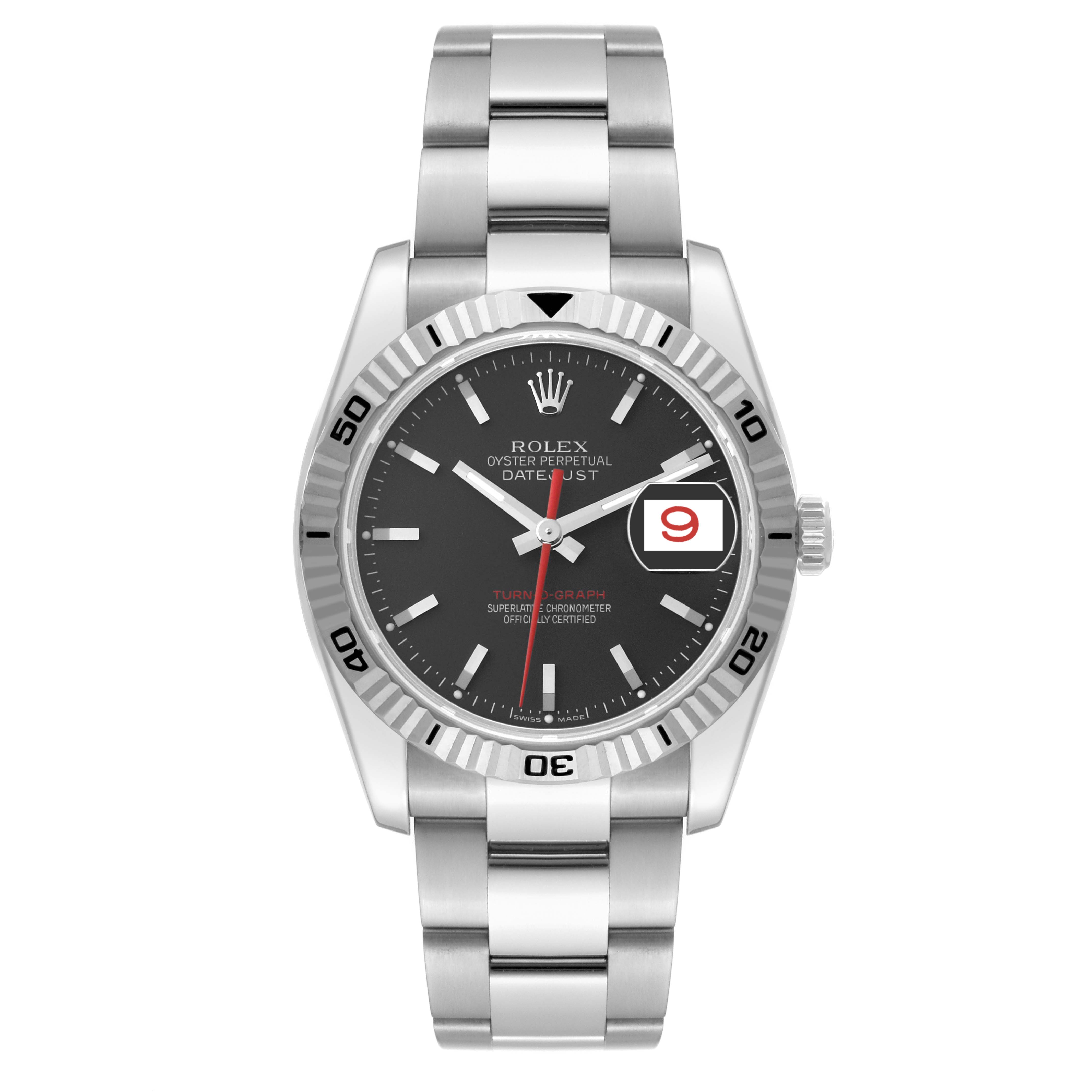 This image shows a straight-on view of a Rolex Turn-o-Graph 116264 Men's Stainless Steel Black Dial 116264 Men's Stainless Steel Black Dial watch displaying its bezel, dial, hands, and bracelet.