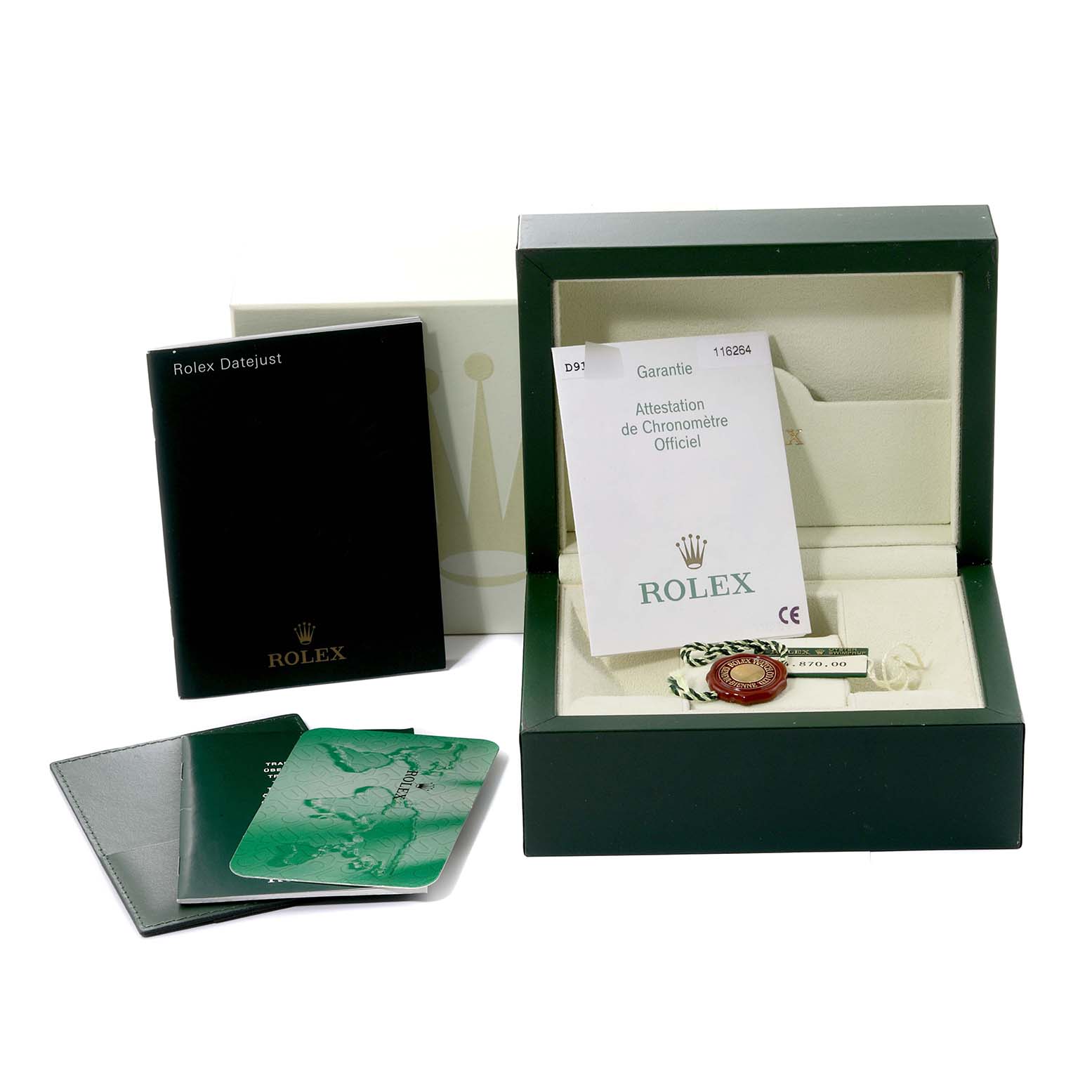 The image shows the packaging, warranty card, booklet, and accessories for the Rolex Turn-o-Graph 116264 Men's Stainless Steel Black Dial 116264 Men's Stainless Steel Black Dial watch.
