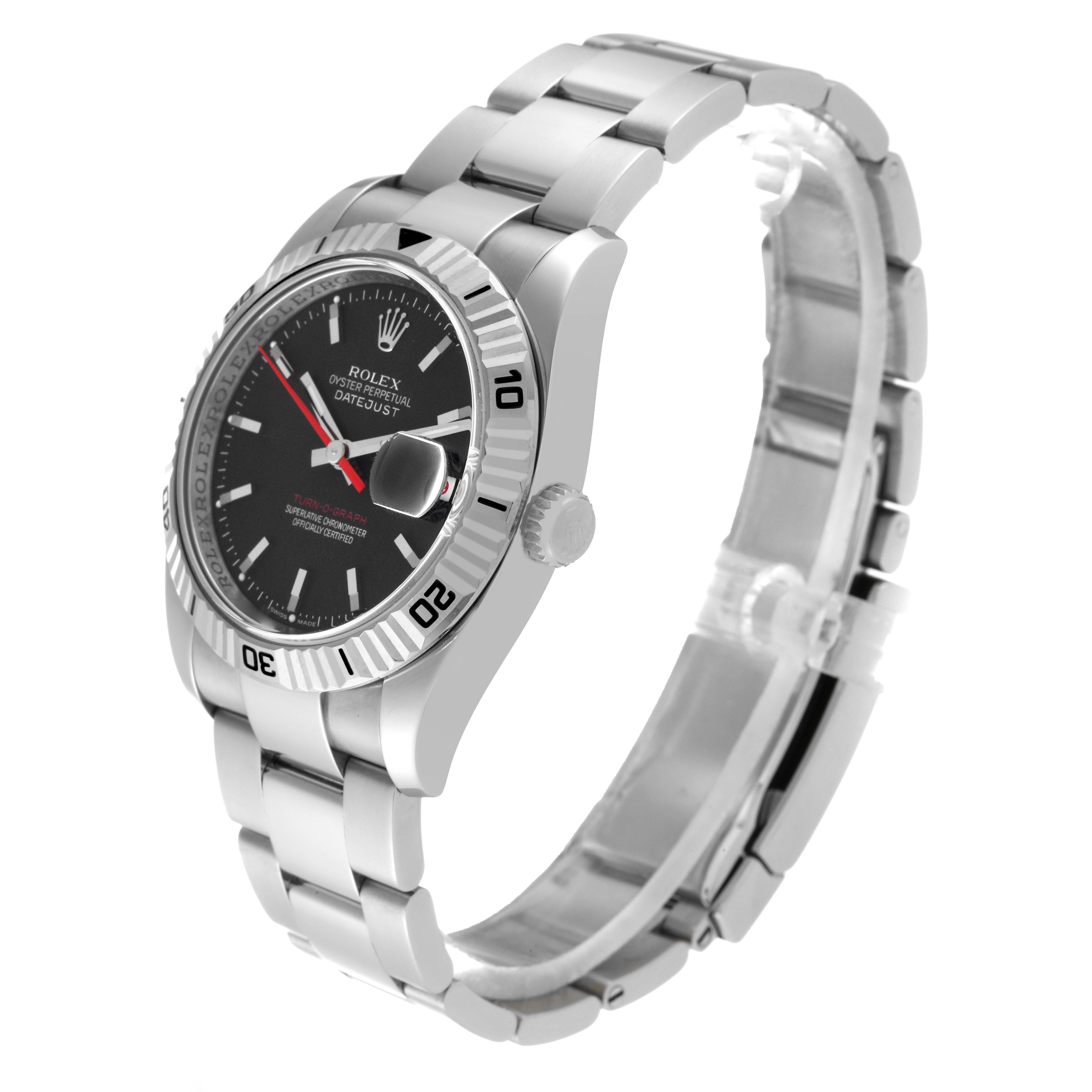 The image shows a side angle view of the Rolex Turn-o-Graph 116264 Men's Stainless Steel Black Dial 116264 Men's Stainless Steel Black Dial watch, highlighting the dial, bezel, bracelet, and crown.