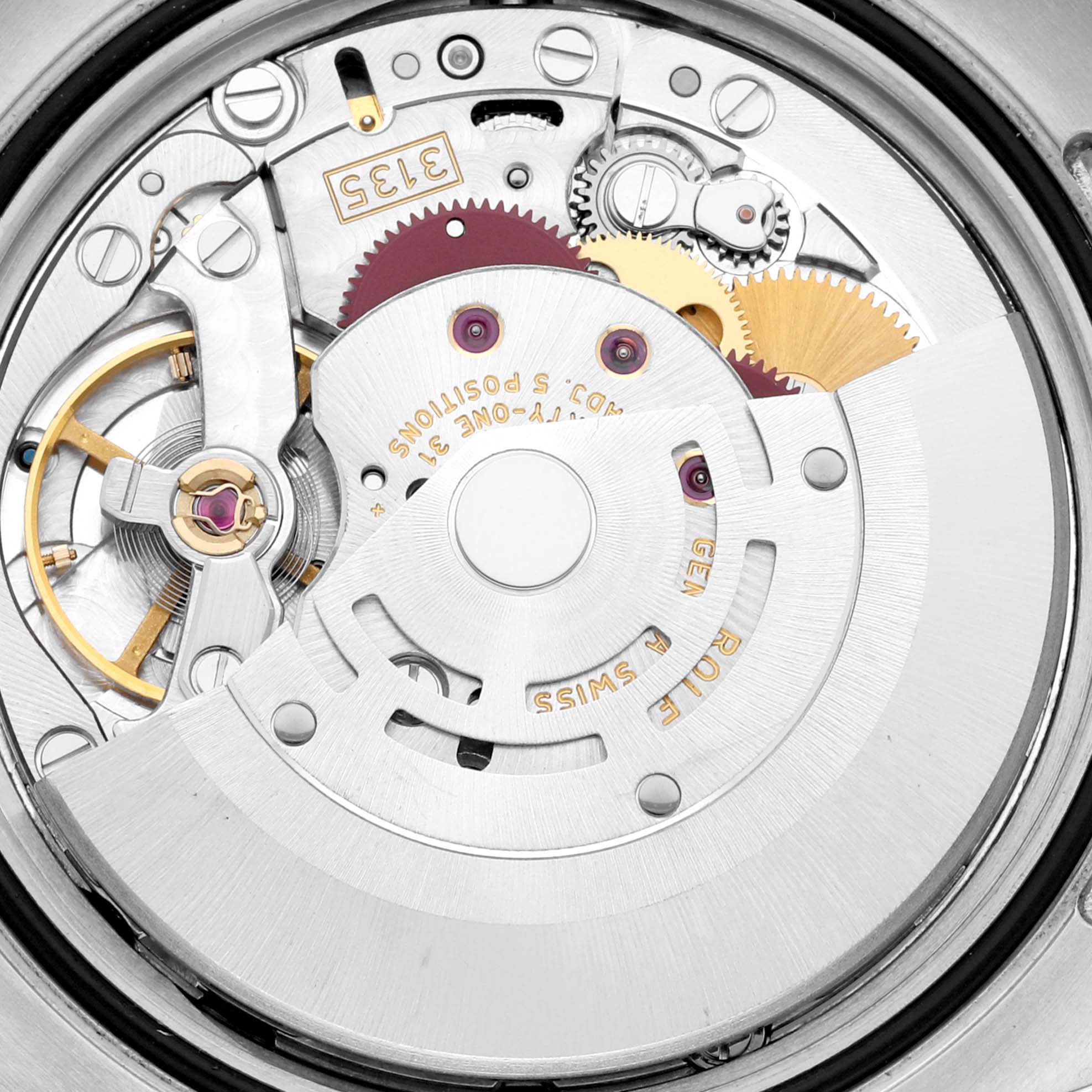 This image displays the internal mechanical components of the Rolex Turn-o-Graph 116264 Men's Stainless Steel Black Dial 116264 Men's Stainless Steel Black Dial, showcasing gears, springs, and the movement rotor.