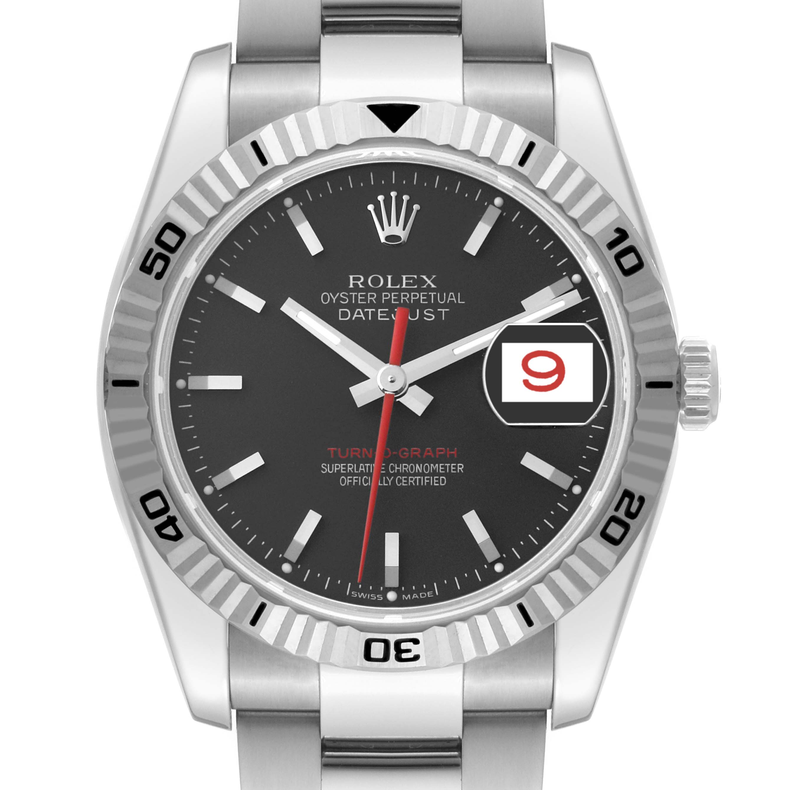 The image shows a front view of the Rolex Turn-o-Graph 116264 Men's Stainless Steel Black Dial 116264 Men's Stainless Steel Black Dial model watch, displaying its dial, bezel, and bracelet.