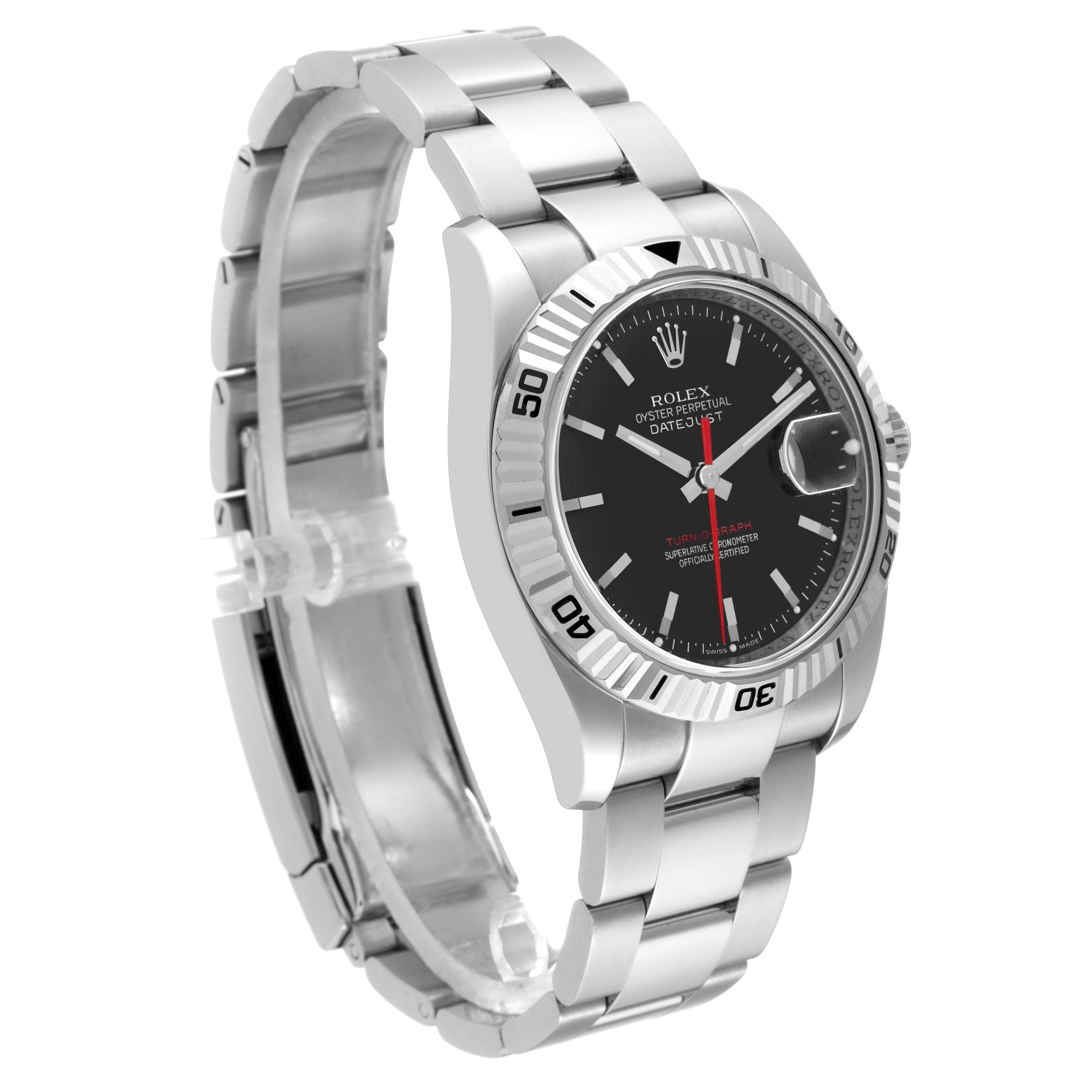 The image shows a side angle of the Rolex Turn-o-Graph 116264 Men's Stainless Steel Black Dial 116264 Men's Stainless Steel Black Dial watch, highlighting the bezel, dial, bracelet, and clasp.