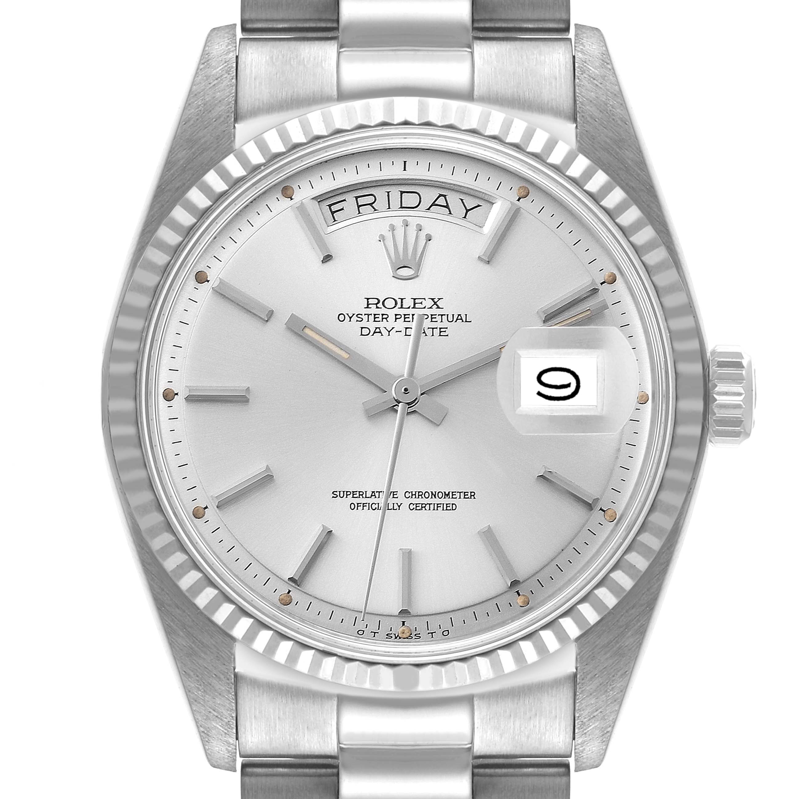 This image shows a frontal view of the Rolex Vintage Collection 1803 Men's White Gold Silver Dial 1803 Men's White Gold Silver Dial Day-Date, highlighting the dial, date window, and bracelet.