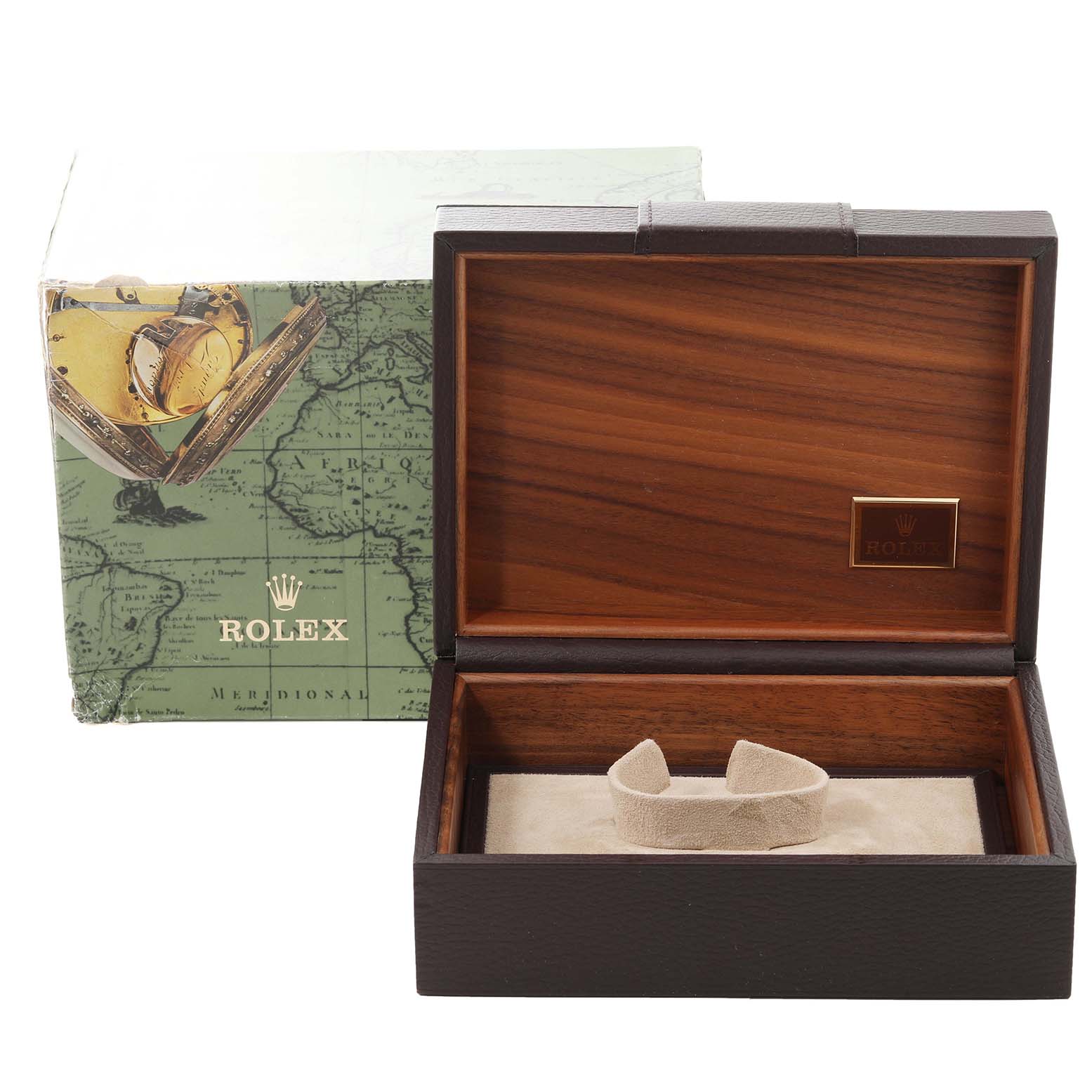 The image shows an open wooden box for the Vintage Collection model by Rolex, with its outer packaging in the background.