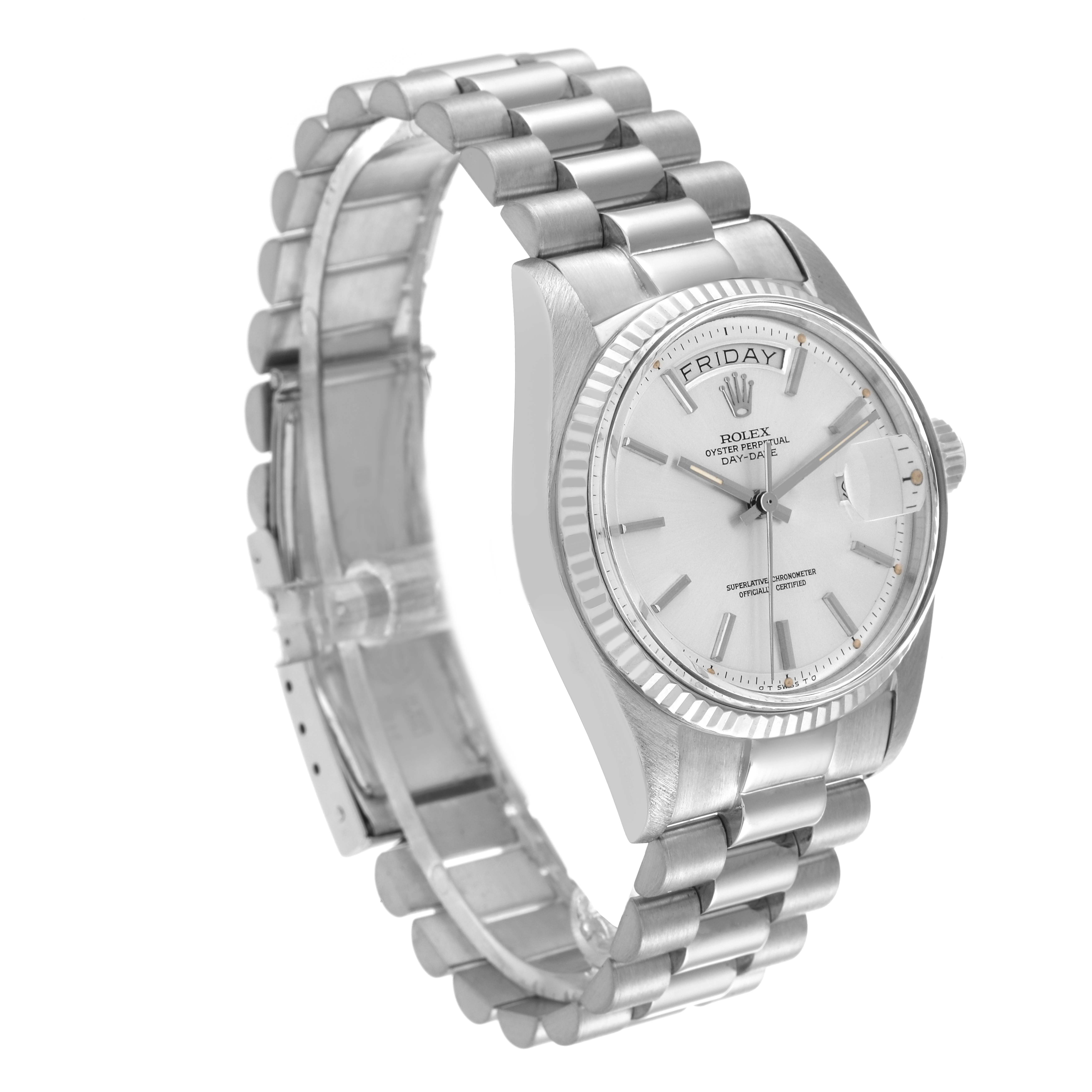 The Rolex Vintage Collection 1803 Men's White Gold Silver Dial 1803 Men's White Gold Silver Dial model is shown at a left side angle, featuring the watch face, bracelet, and clasp.