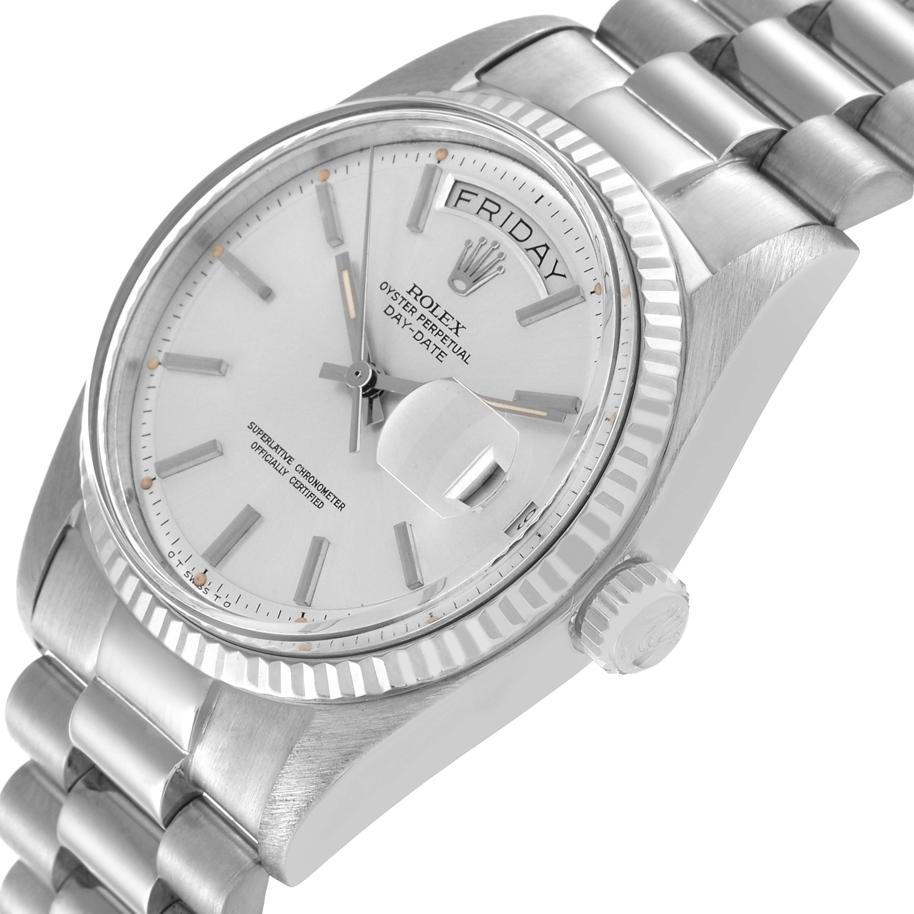 The image shows a close-up angled view of the Rolex Vintage Collection 1803 Men's White Gold Silver Dial 1803 Men's White Gold Silver Dial model, highlighting the dial, bezel, and bracelet.