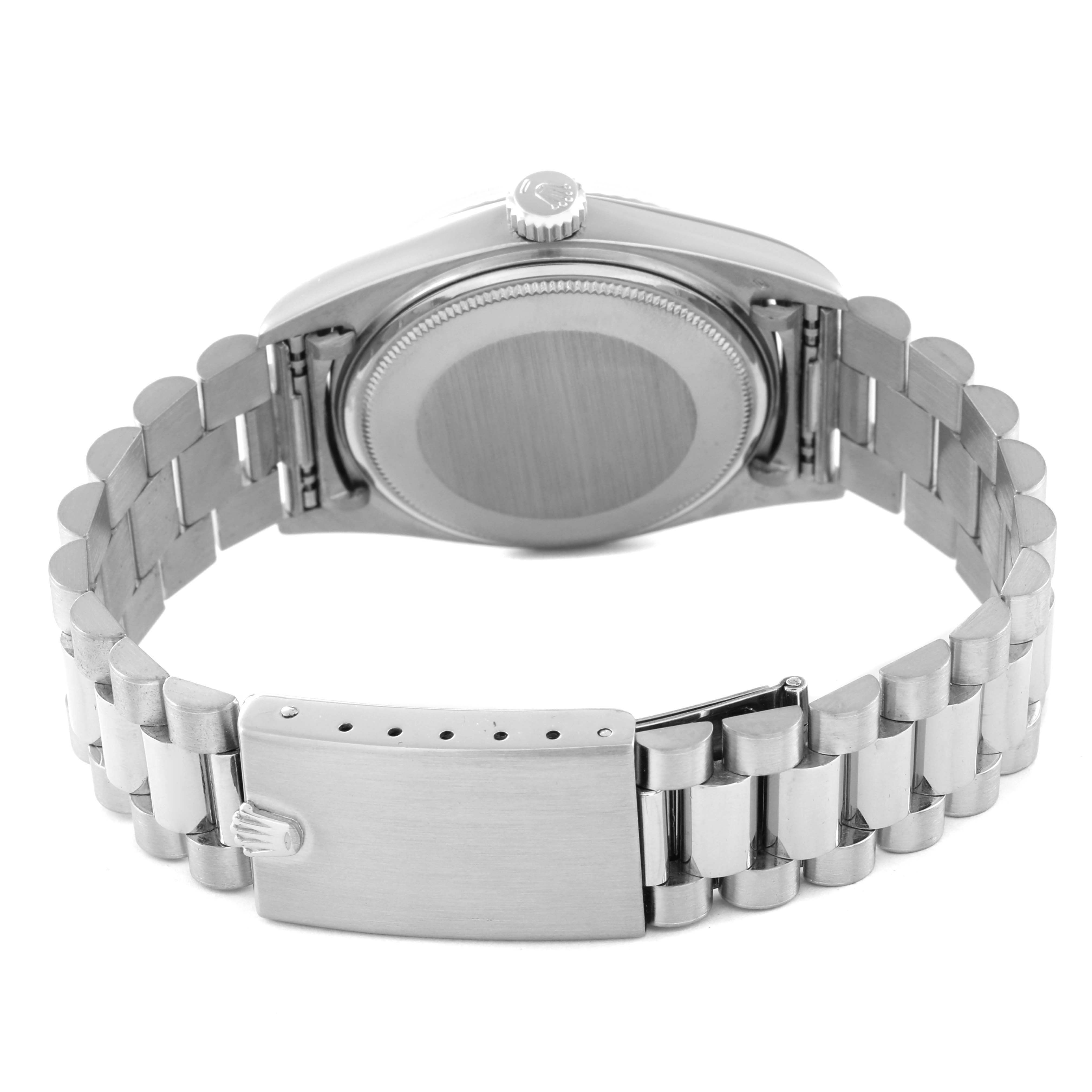 This is the back view of the Rolex Vintage Collection 1803 Men's White Gold Silver Dial 1803 Men's White Gold Silver Dial watch, showing the case back and bracelet with clasp.