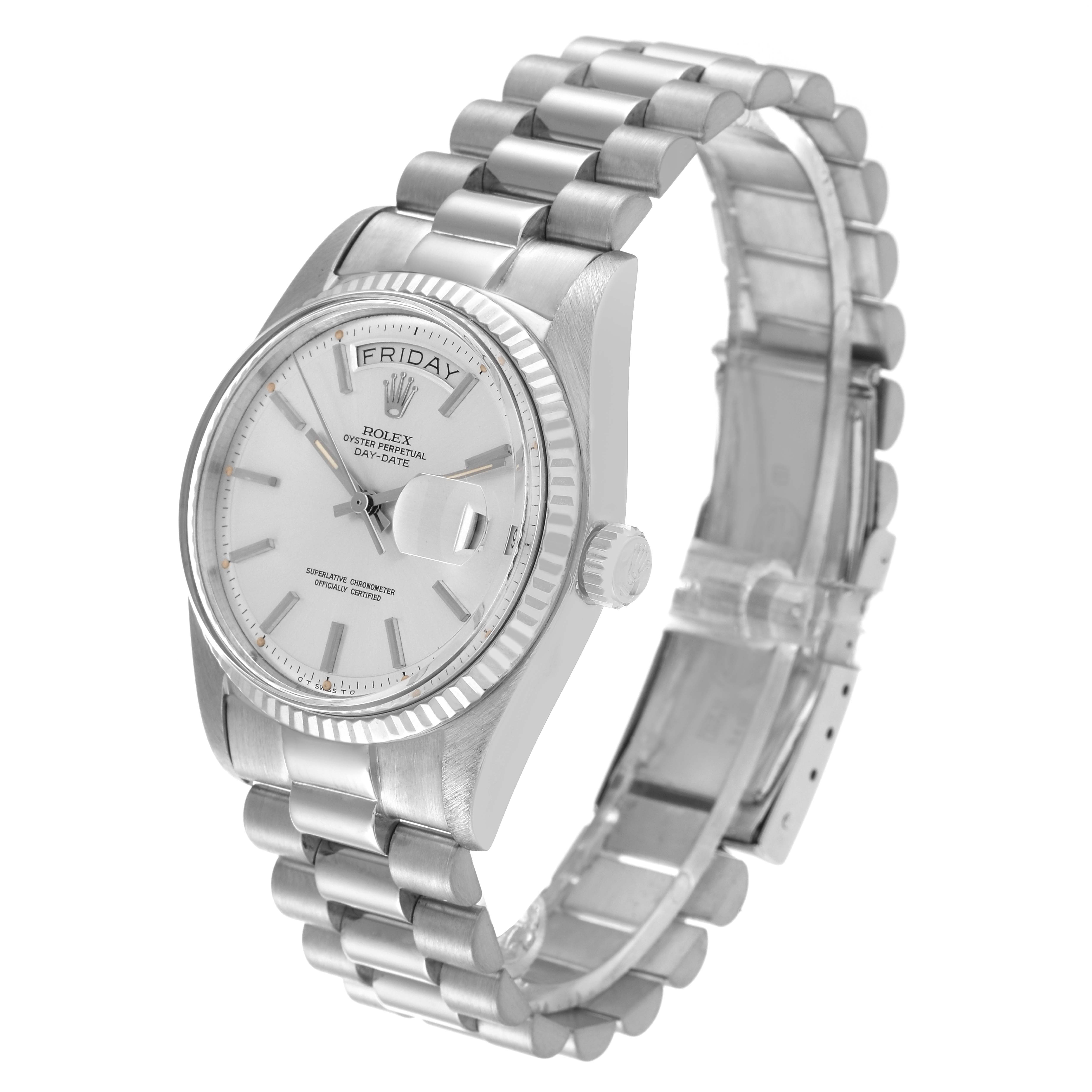 The Rolex Vintage Collection 1803 Men's White Gold Silver Dial 1803 Men's White Gold Silver Dial watch is shown at a three-quarter angle, highlighting the face, crown, and steel bracelet.