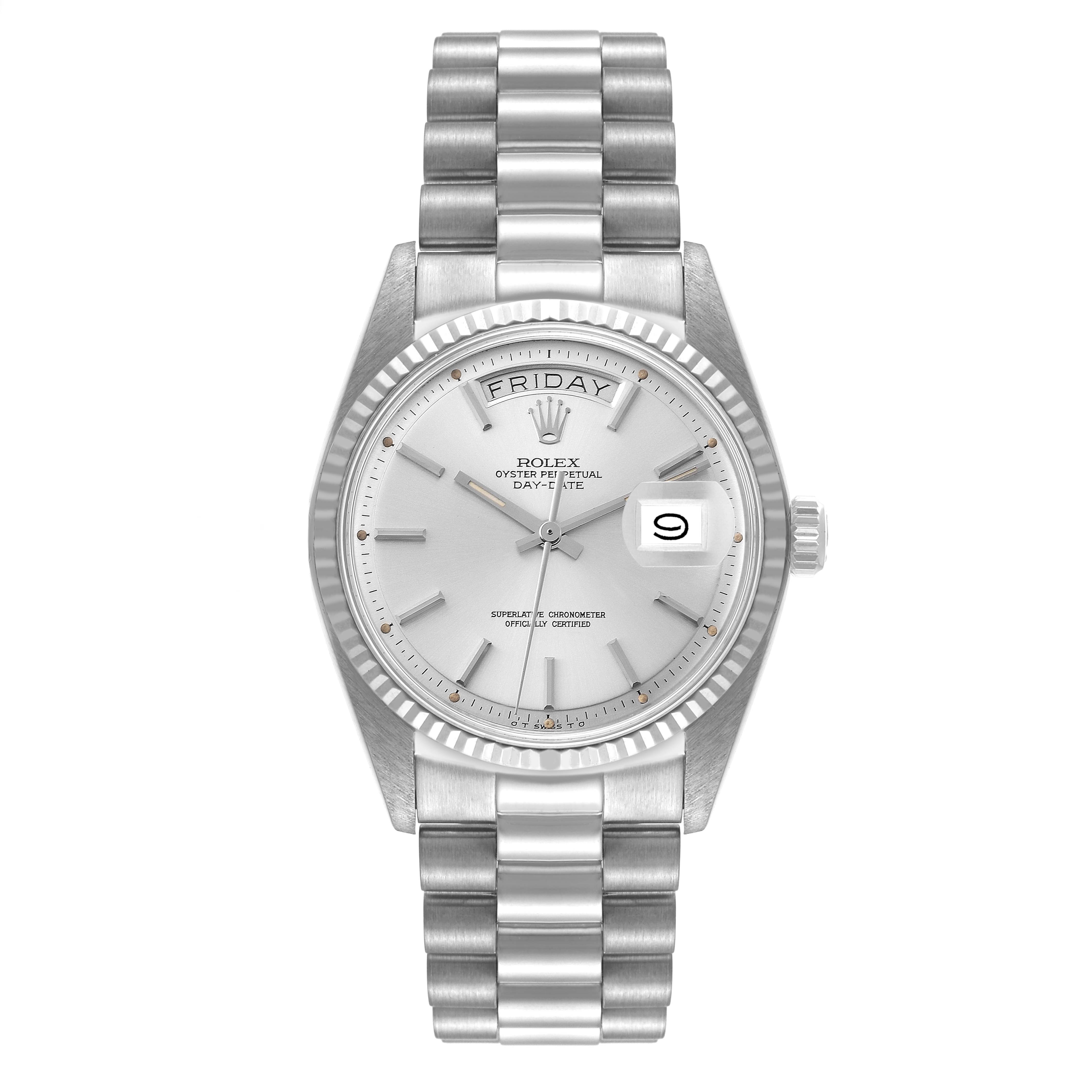 The image shows a Rolex Vintage Collection 1803 Men's White Gold Silver Dial 1803 Men's White Gold Silver Dial model watch from a front angle, highlighting the face, bezel, and wristband.