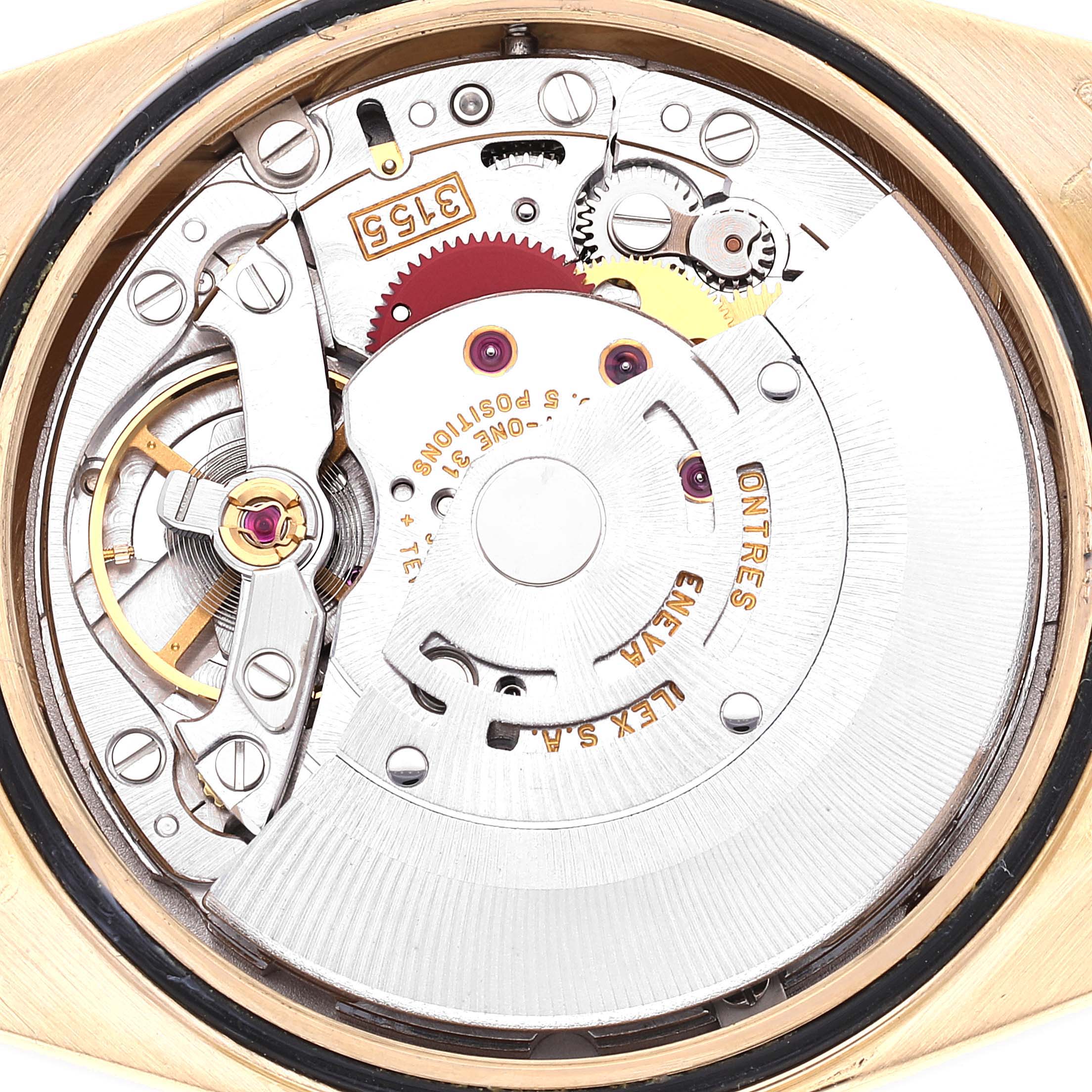 This image shows the back view of the Rolex President 18238 Men's Yellow Gold Champagne Dial 18238 Men's Yellow Gold Champagne Dial model watch, revealing its intricate mechanical movement.