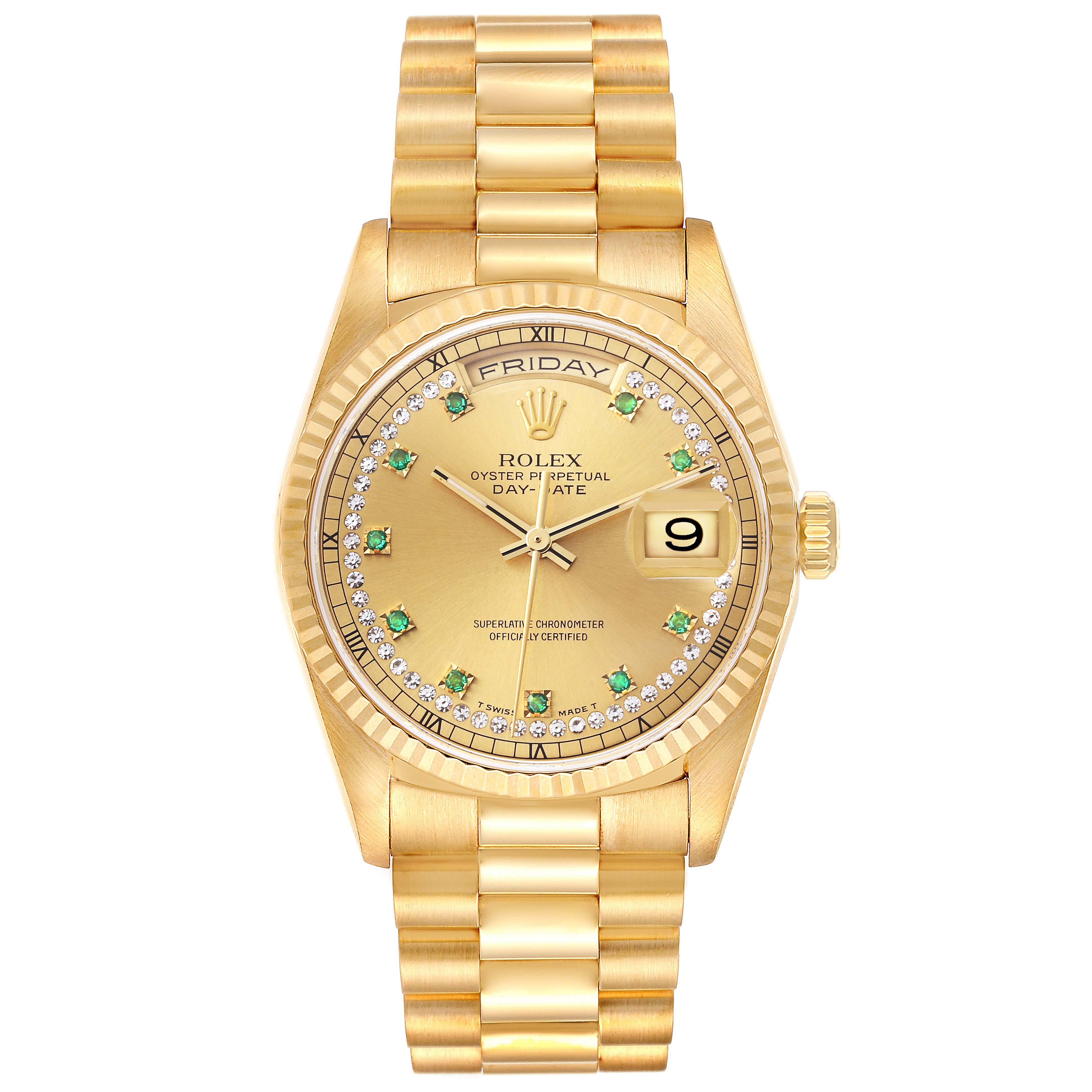 The image shows a front view of a Rolex President 18238 Men's Yellow Gold Champagne Dial 18238 Men's Yellow Gold Champagne Dial Day-Date watch, showcasing the dial, bracelet, and fluted bezel.