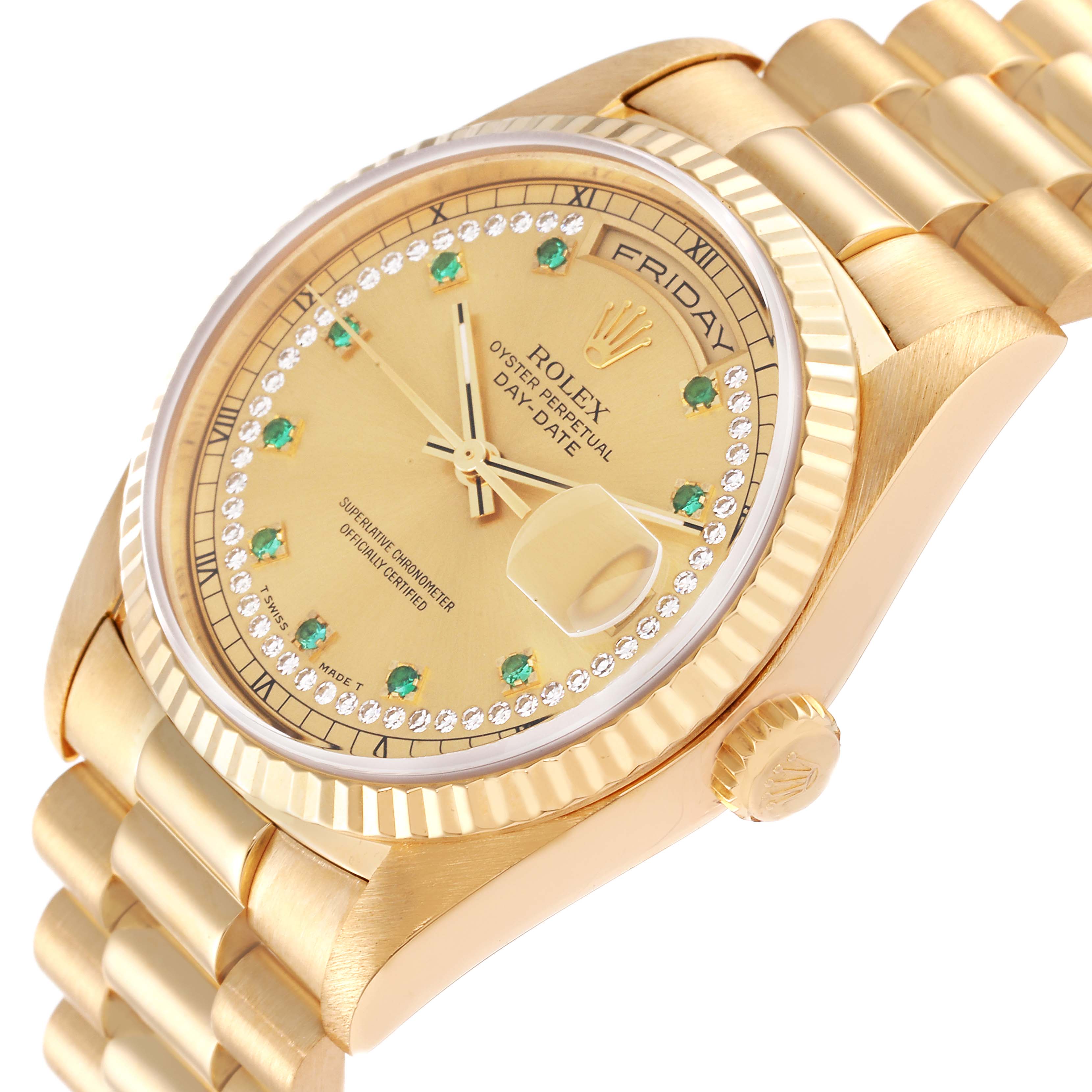This image shows a Rolex President 18238 Men's Yellow Gold Champagne Dial 18238 Men's Yellow Gold Champagne Dial model watch at an angle highlighting the dial, bezel, crown, and part of the bracelet.