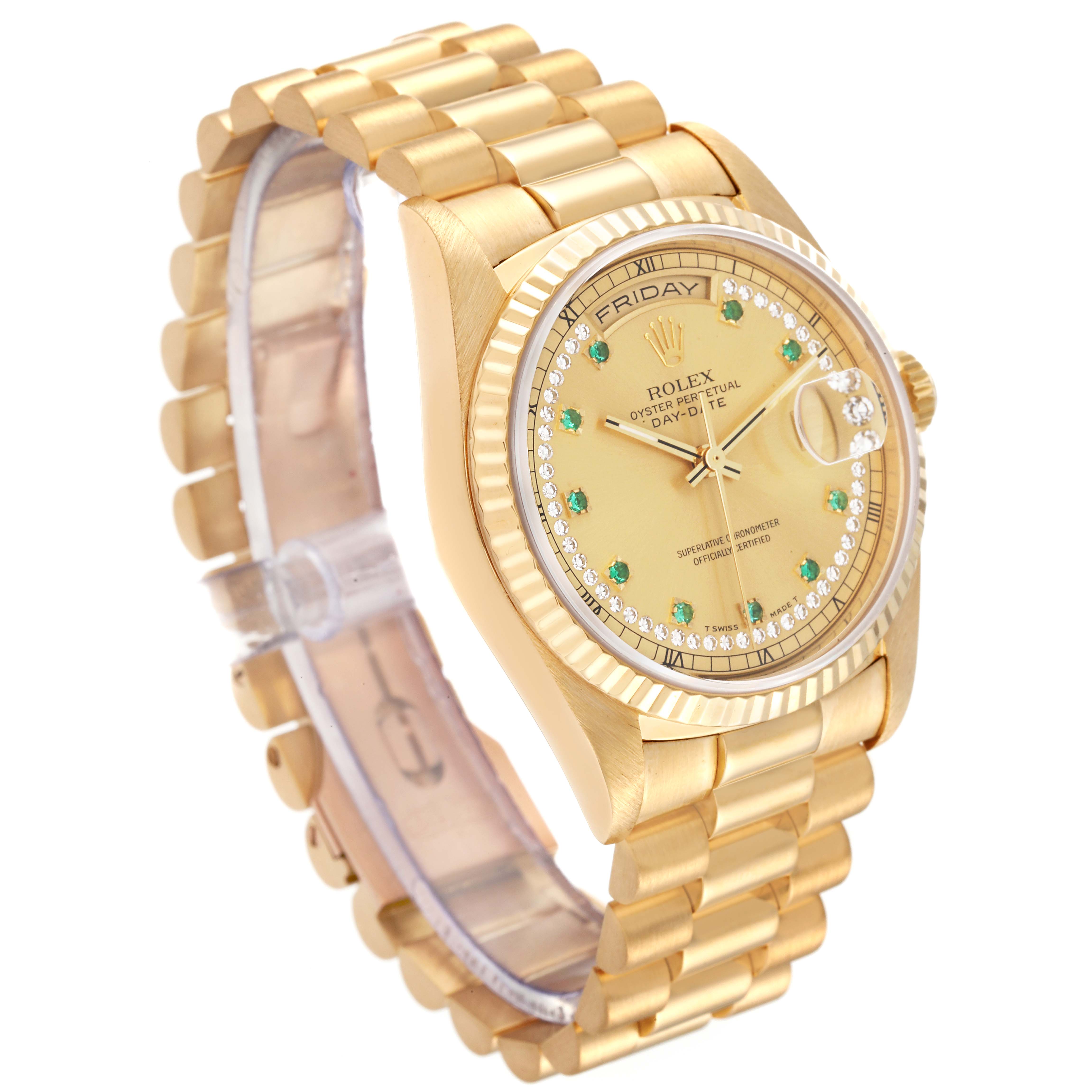 This image shows the President model Rolex watch at a slight angle, highlighting its gold bracelet, dial, and day-date features.