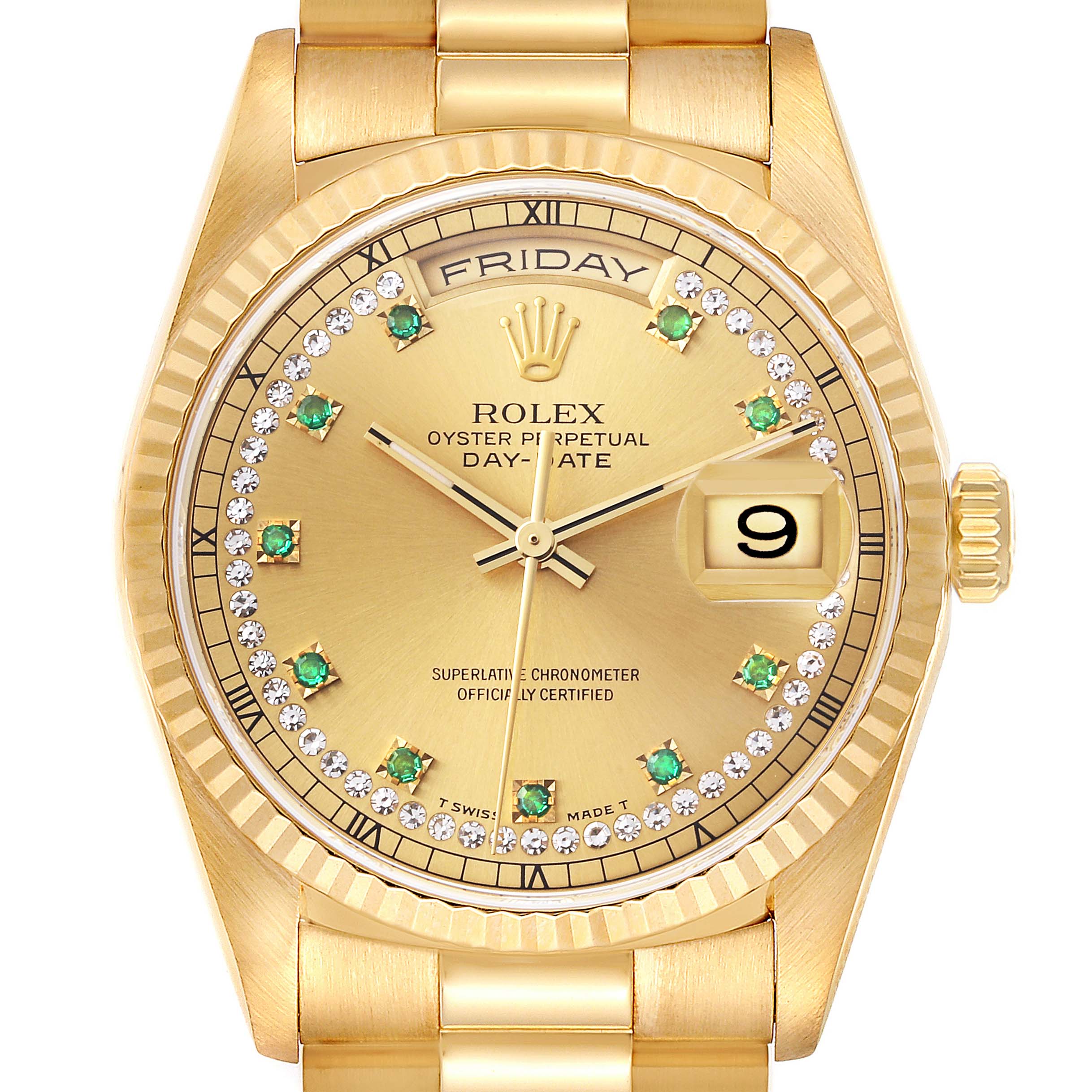 This image shows a frontal view of the Rolex President 18238 Men's Yellow Gold Champagne Dial 18238 Men's Yellow Gold Champagne Dial model watch, featuring its face, bezel, crown, and part of the bracelet.