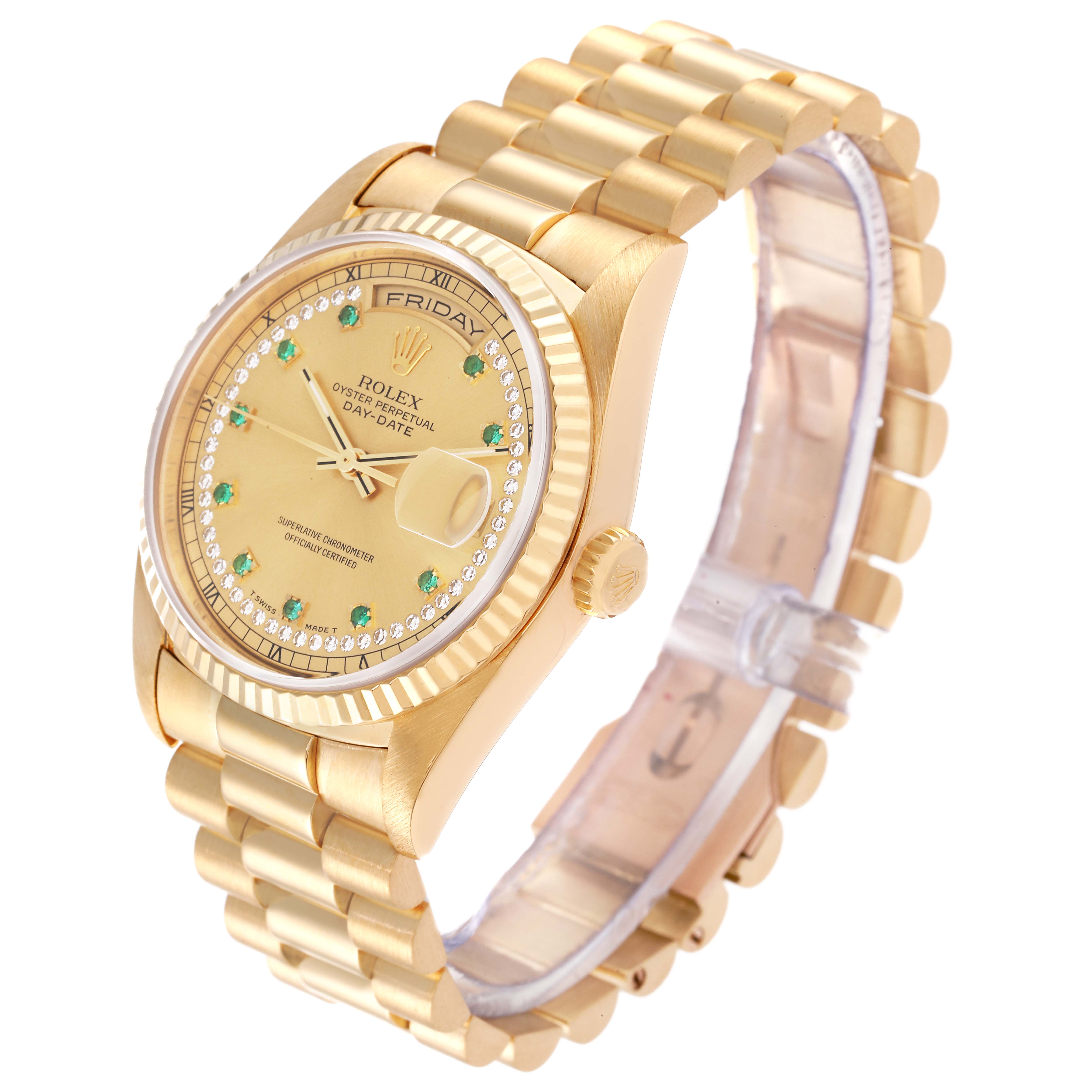 The Rolex President 18238 Men's Yellow Gold Champagne Dial 18238 Men's Yellow Gold Champagne Dial model watch is angled to show the face, case, and part of the bracelet.