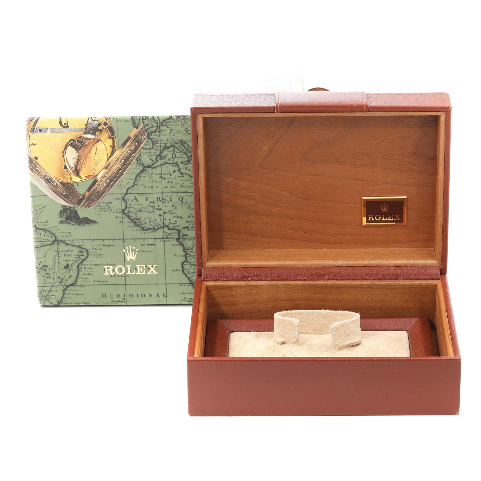 This image shows an open Rolex President 18238 Men's Yellow Gold Champagne Dial 18238 Men's Yellow Gold Champagne Dial model watch box and its external packaging from a front angle.