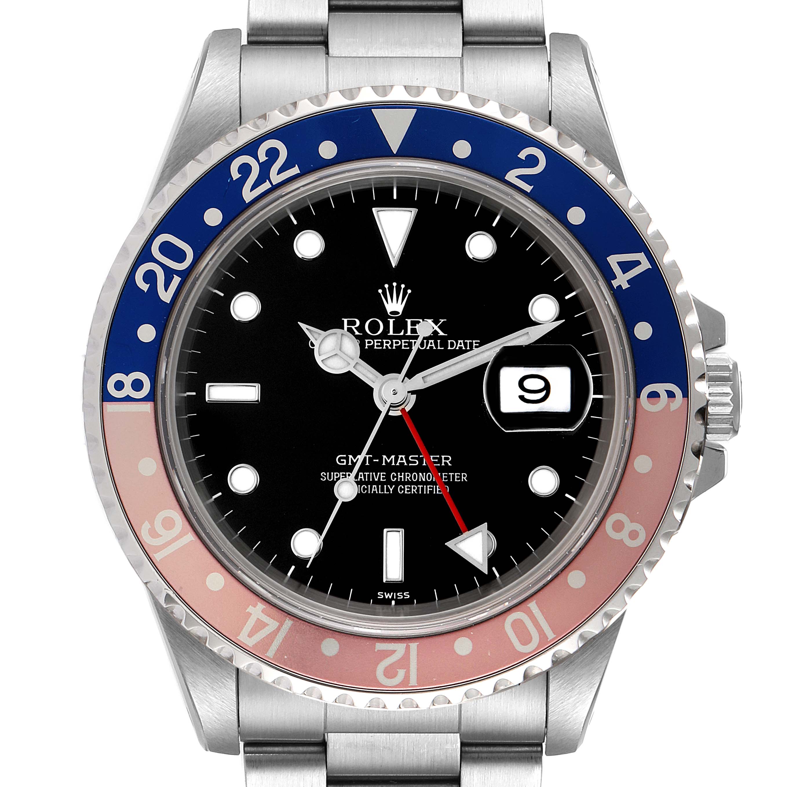 The image shows a front view of the Rolex GMT-Master 16700 Men
s Stainless Steel Black Dial 16700 Men
s Stainless Steel Black Dial watch, displaying the dial, bezel, bracelet, and crown.