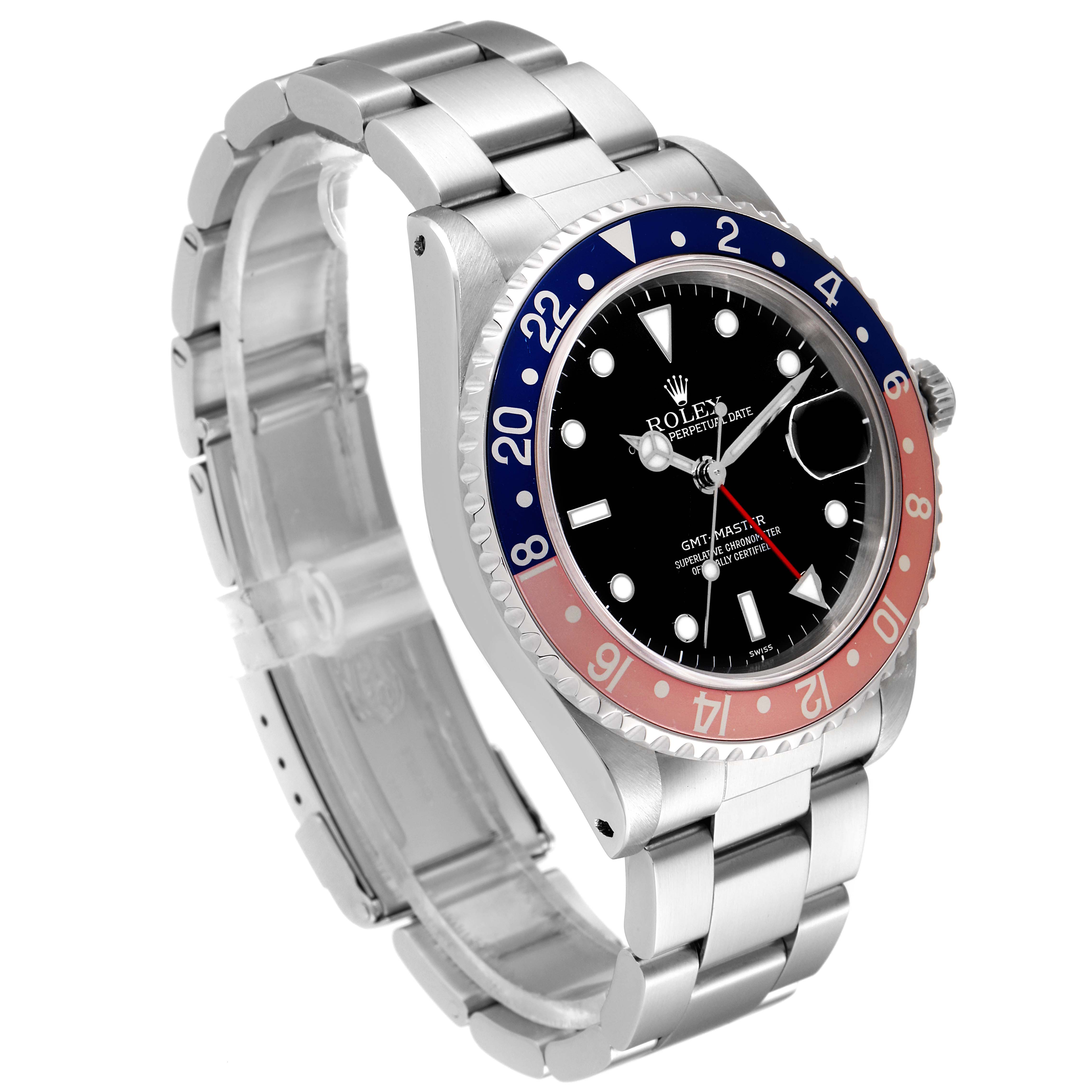 The Rolex GMT-Master 16700 Men
s Stainless Steel Black Dial 16700 Men
s Stainless Steel Black Dial watch is shown at a three-quarter angle, highlighting its bezel, dial, and stainless steel bracelet.
