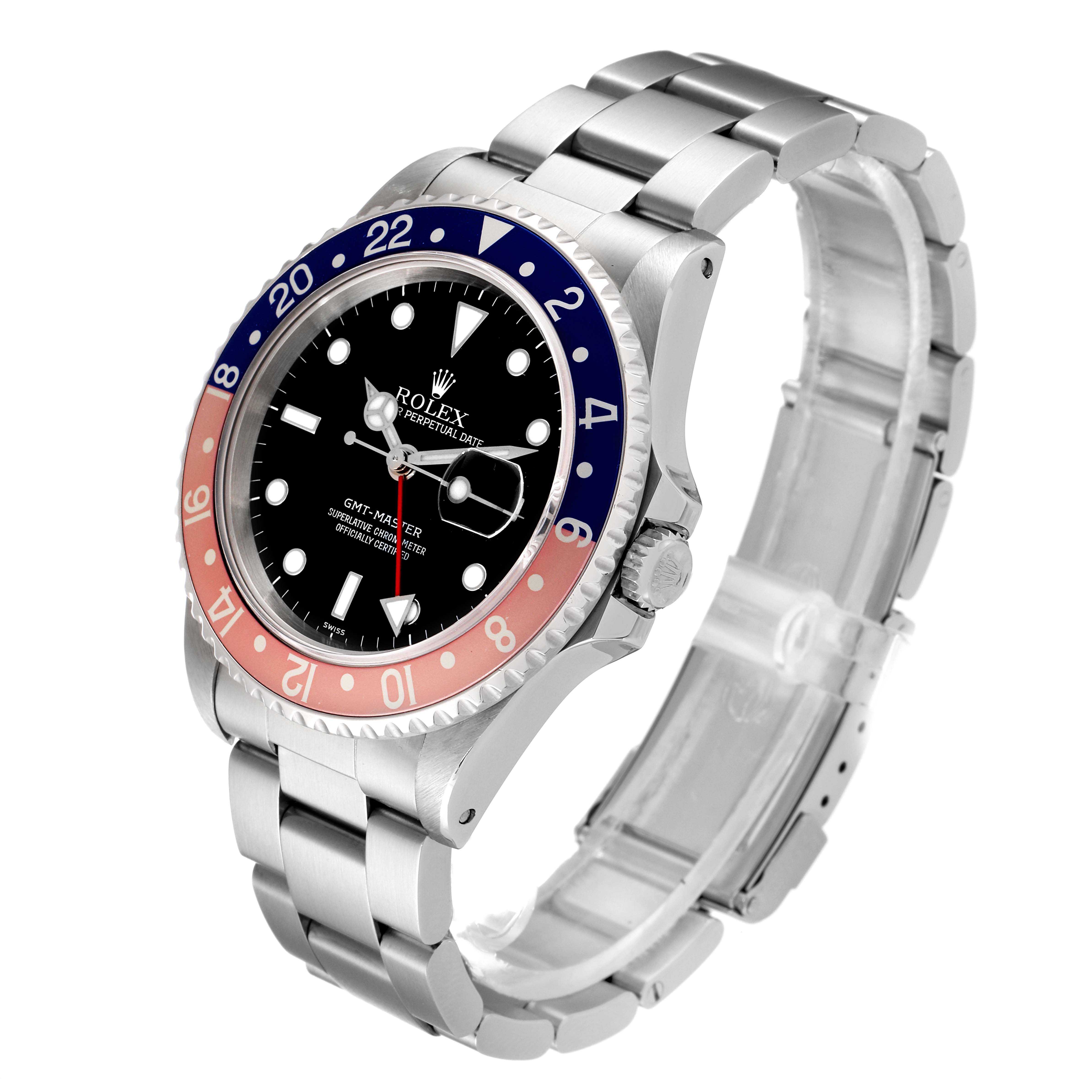 The Rolex GMT-Master 16700 Men
s Stainless Steel Black Dial 16700 Men
s Stainless Steel Black Dial watch is shown from an angled side view, displaying the bezel, crown, dial, and bracelet.