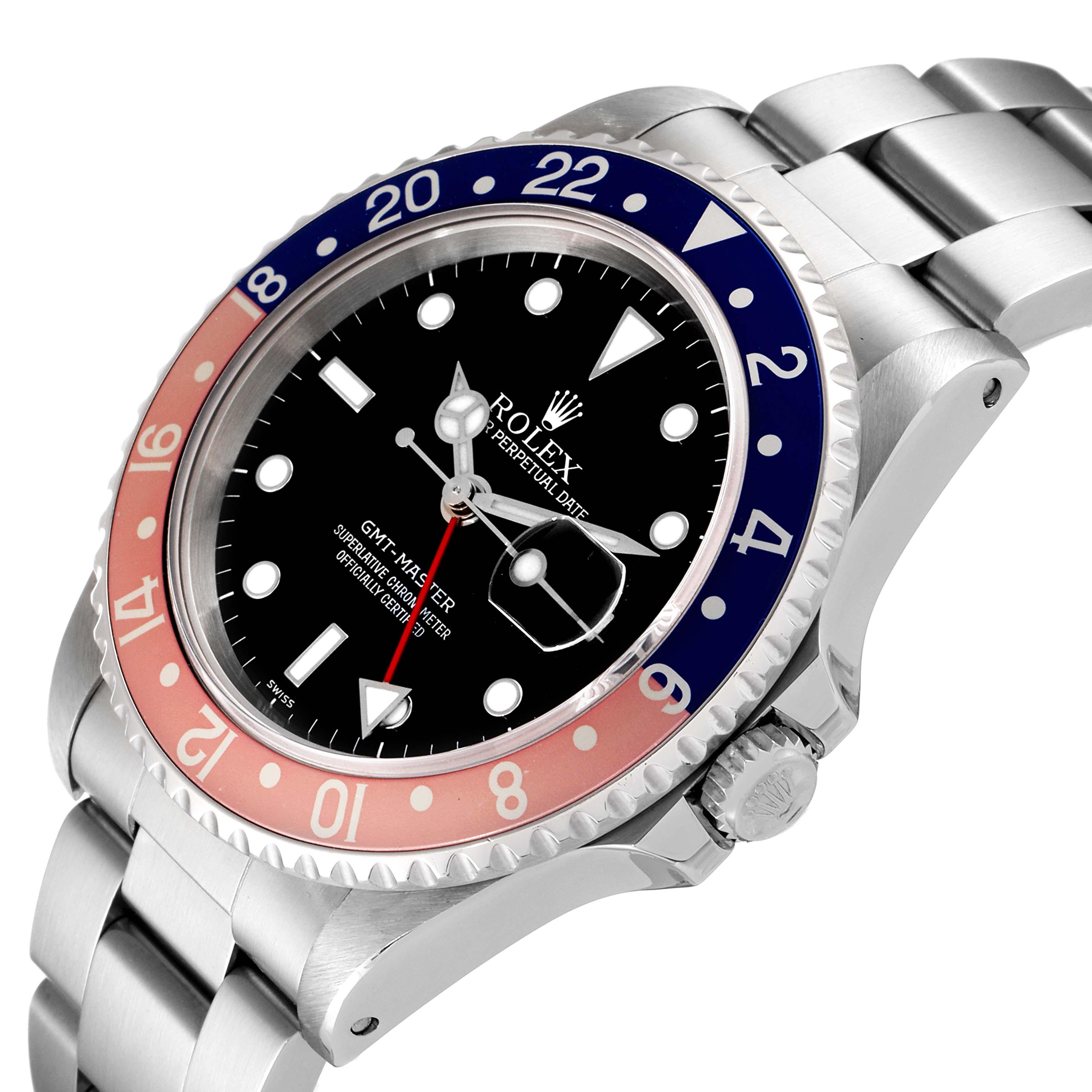 The Rolex GMT-Master 16700 Men
s Stainless Steel Black Dial 16700 Men
s Stainless Steel Black Dial watch is shown at a three-quarter angle, highlighting its bezel, dial, and bracelet.