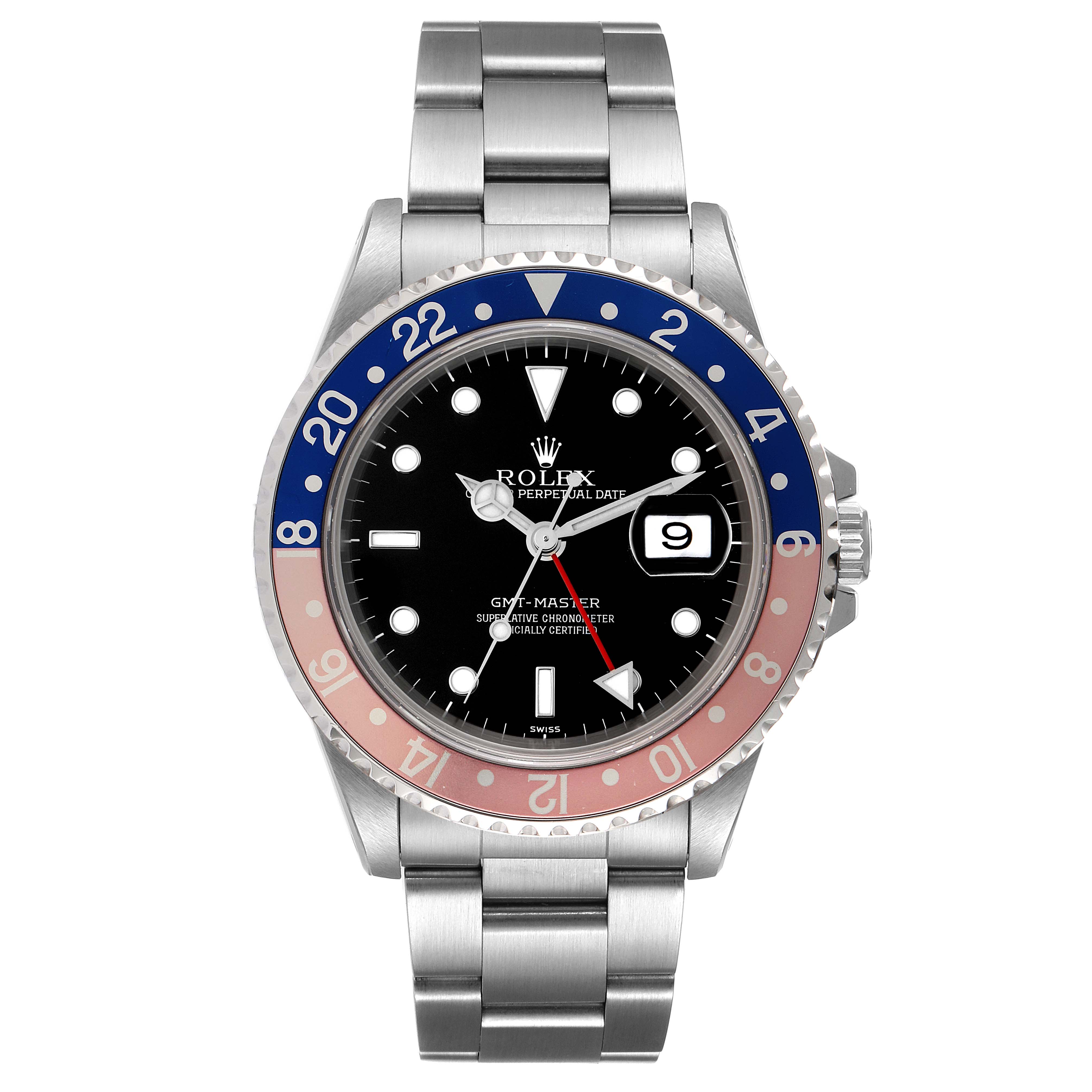 The watch is a Rolex GMT-Master 16700 Men
s Stainless Steel Black Dial 16700 Men
s Stainless Steel Black Dial shown from a front angle, displaying the bezel, face, hands, date window, and bracelet.