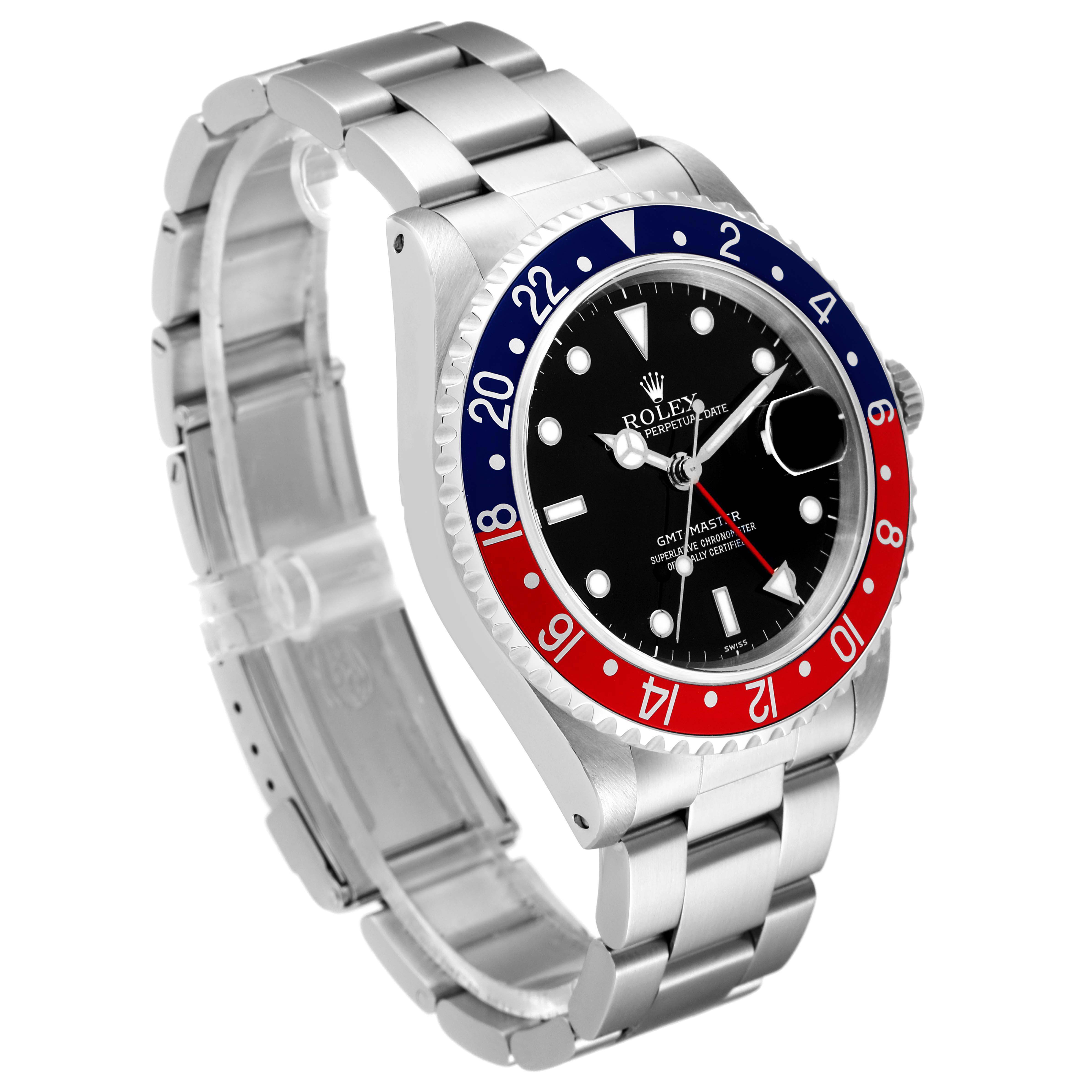 This image shows a Rolex GMT-Master 16700 Men
s Stainless Steel Black Dial 16700 Men
s Stainless Steel Black Dial watch at an angled side view, highlighting the dial, bezel, and bracelet.