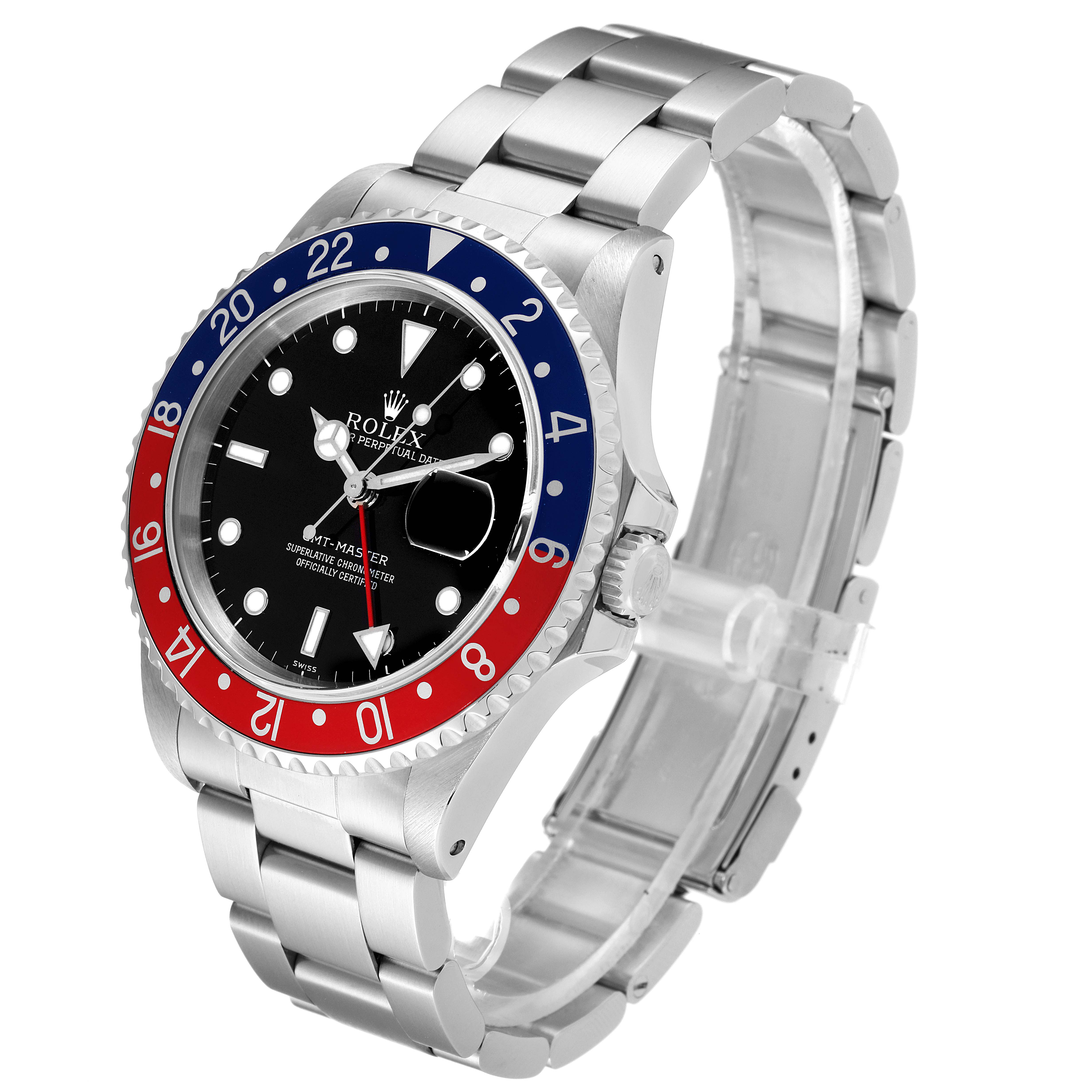 The Rolex GMT-Master 16700 Men
s Stainless Steel Black Dial 16700 Men
s Stainless Steel Black Dial watch is shown at a slight angle, displaying its bezel, dial, and bracelet.