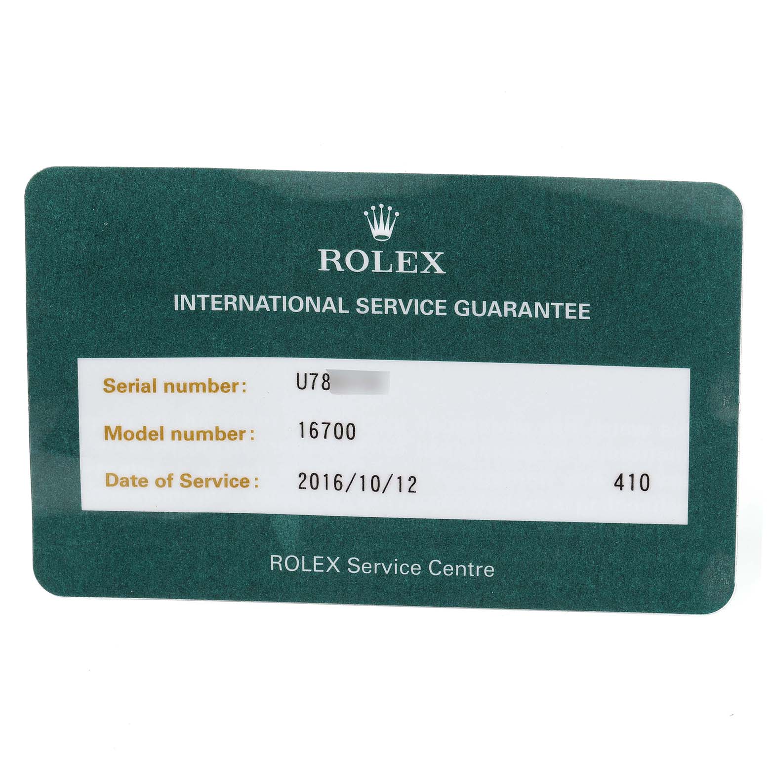 The image shows a Rolex International Service Guarantee card for a GMT-Master model 16700.