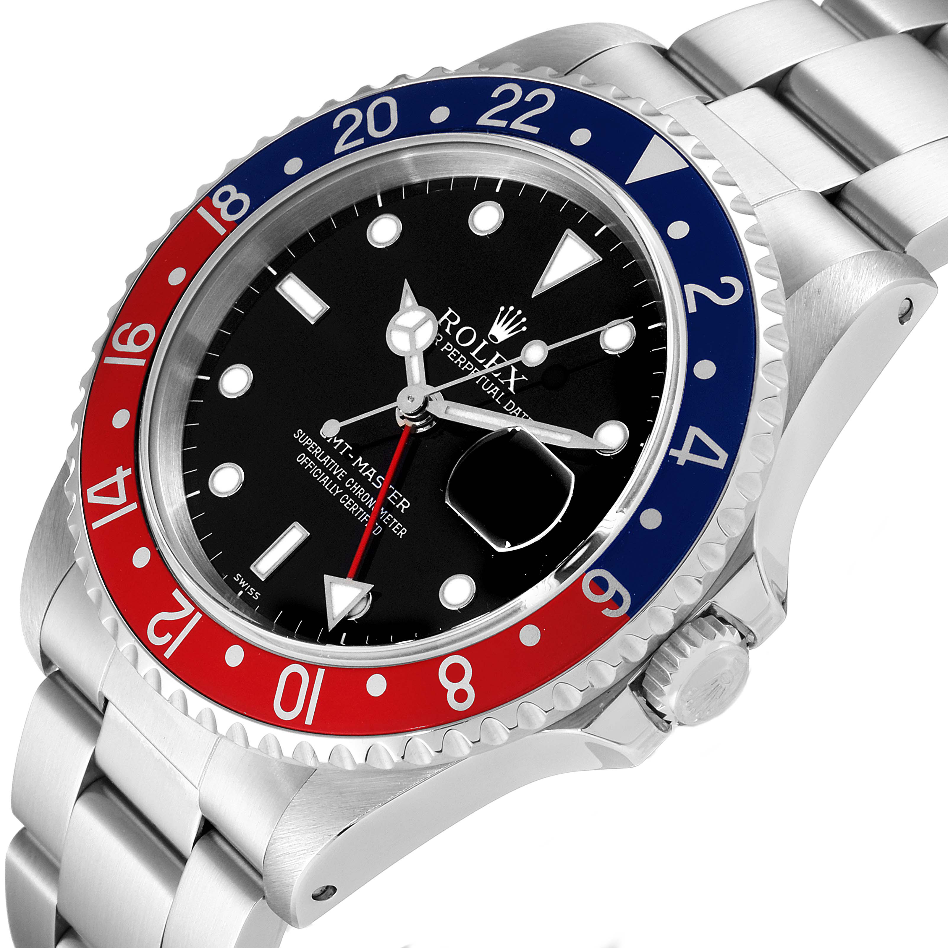 The image shows a close-up angled view of the Rolex GMT-Master 16700 Men
s Stainless Steel Black Dial 16700 Men
s Stainless Steel Black Dial watch, focusing on its face, bezel, and part of the bracelet.