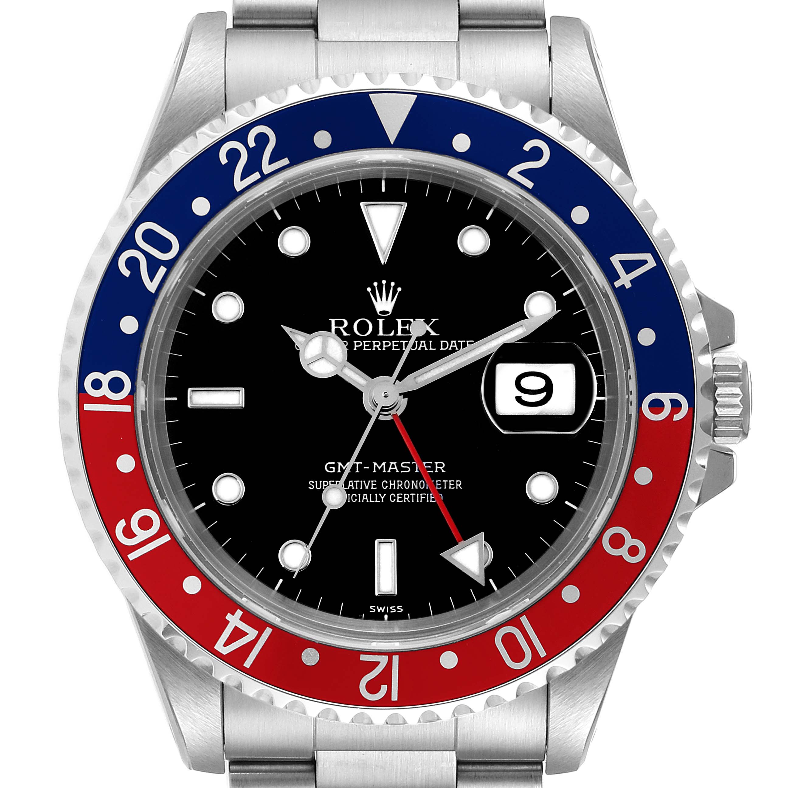 The image shows a front view of a Rolex GMT-Master 16700 Men
s Stainless Steel Black Dial 16700 Men
s Stainless Steel Black Dial watch, highlighting its bezel, dial, hands, and date window.