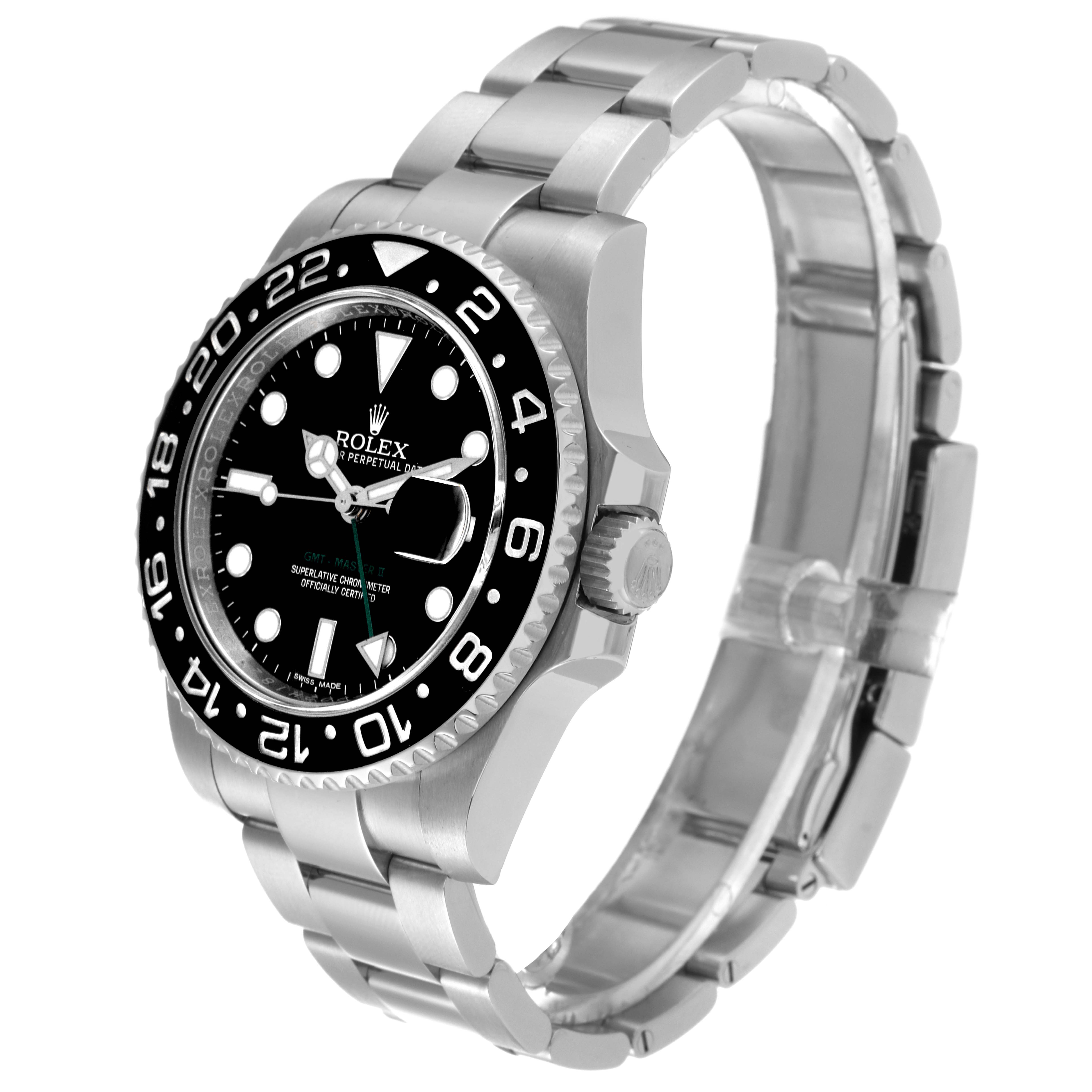 The Rolex GMT-Master 116710 Men's Stainless Steel Black Dial 116710 Men's Stainless Steel Black Dial watch is shown at a three-quarter angle, displaying the face, bezel, crown, and metal bracelet.