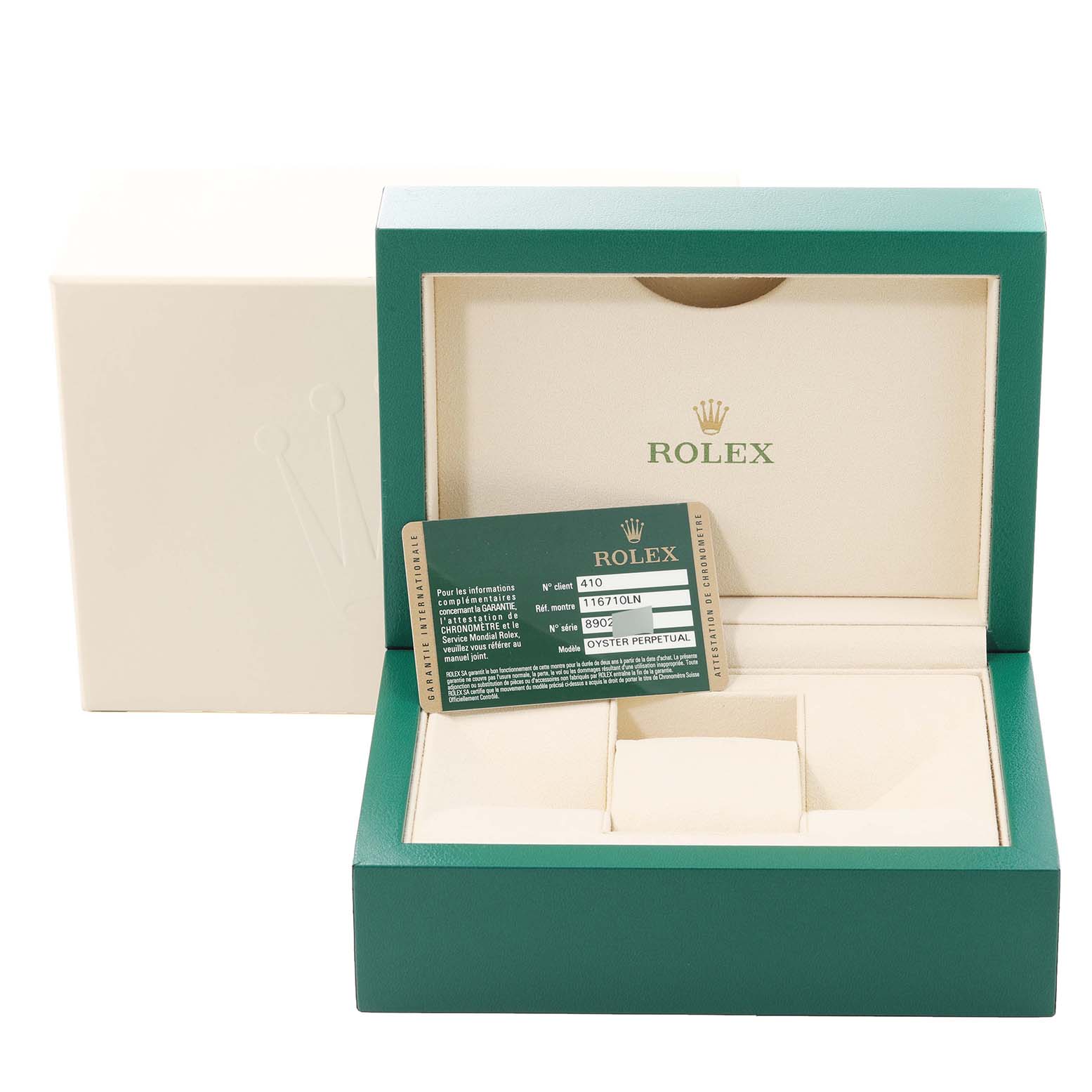 The image shows the packaging and warranty card of a Rolex GMT-Master 116710 Men's Stainless Steel Black Dial 116710 Men's Stainless Steel Black Dial watch.