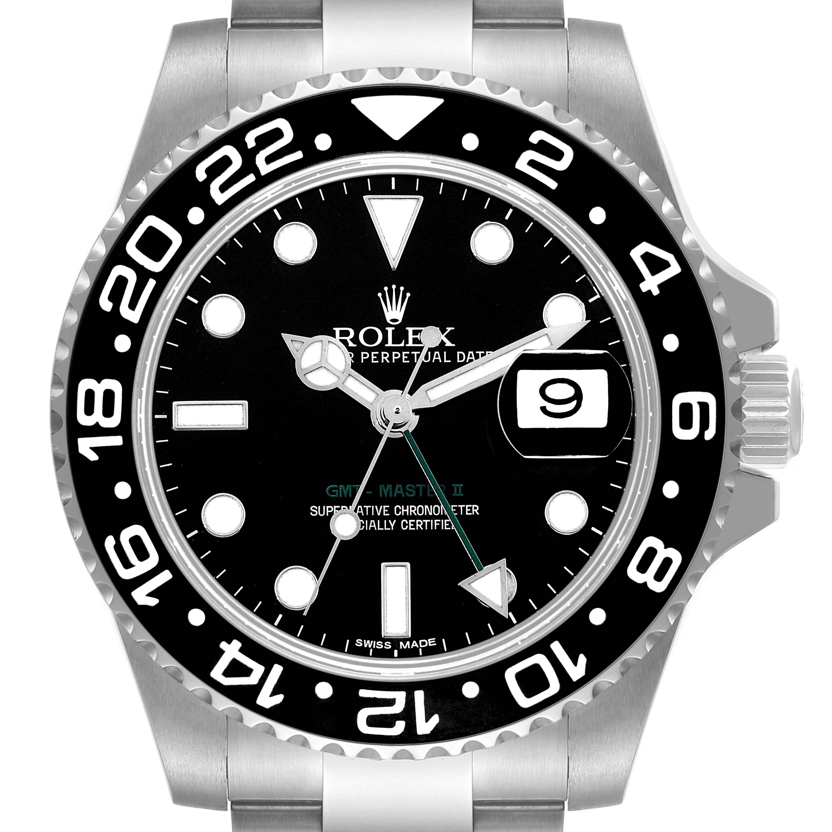 The image shows a frontal view of the Rolex GMT-Master 116710 Men's Stainless Steel Black Dial 116710 Men's Stainless Steel Black Dial II watch, highlighting the dial, bezel, and part of the bracelet.
