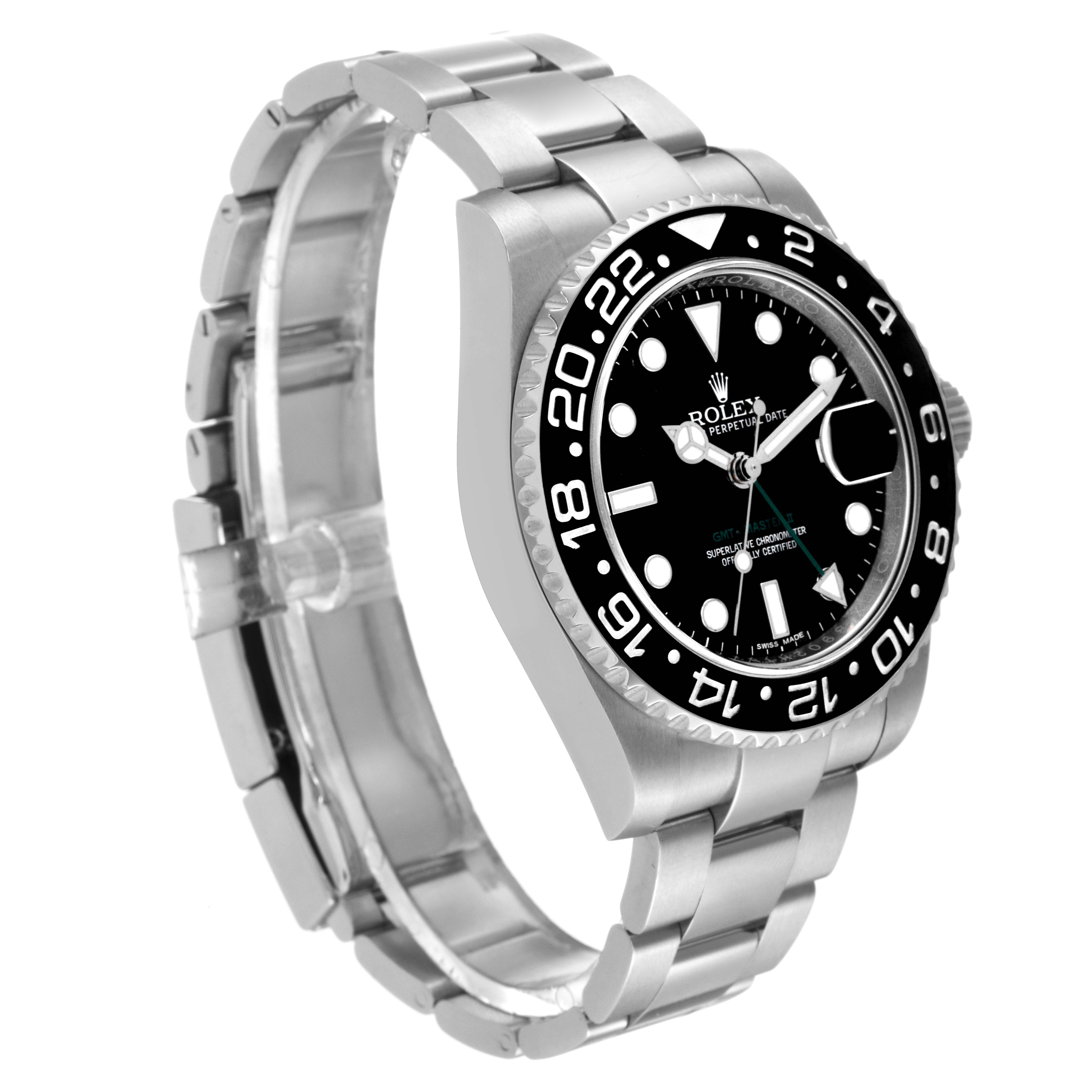 The image shows a Rolex GMT-Master 116710 Men's Stainless Steel Black Dial 116710 Men's Stainless Steel Black Dial watch at an angle displaying the dial, bezel, case, and bracelet.