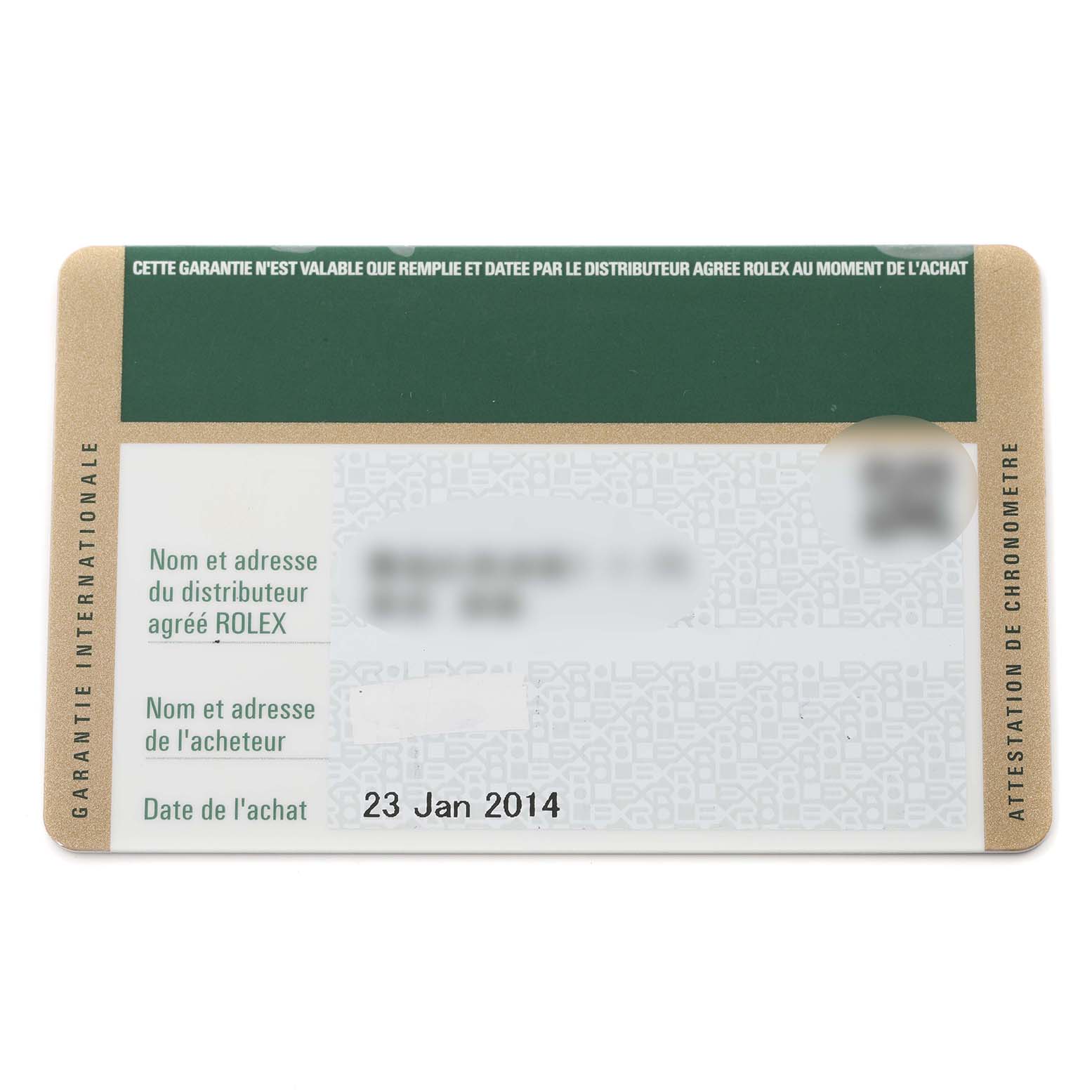 The image shows the international guarantee card for the Rolex GMT-Master 116710 Men's Stainless Steel Black Dial 116710 Men's Stainless Steel Black Dial watch, detailing purchase and distributor information.